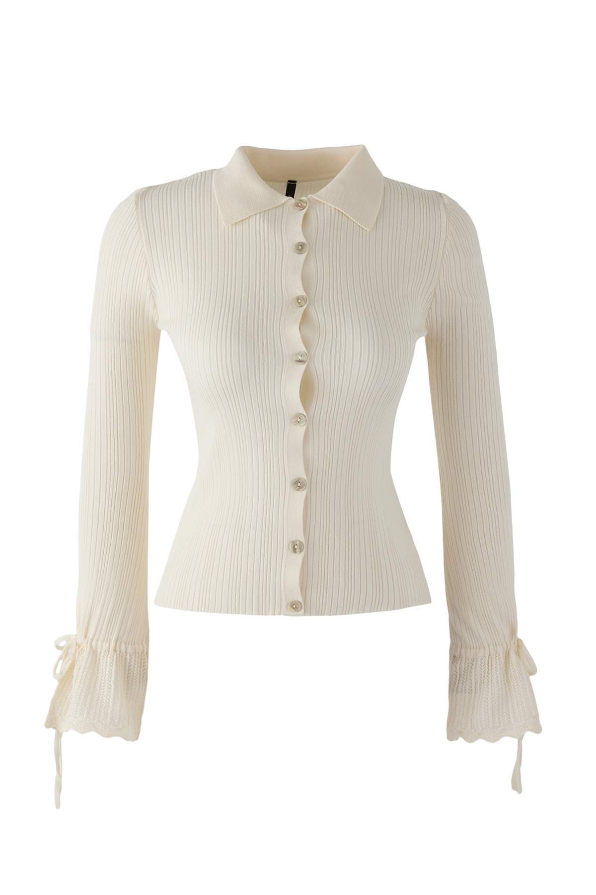 Trendyolmilla  Ekru Merserize Görünümlü Fitilli Polo Yaka Triko Hırka TWOAW26HI00111 - Görsel 6