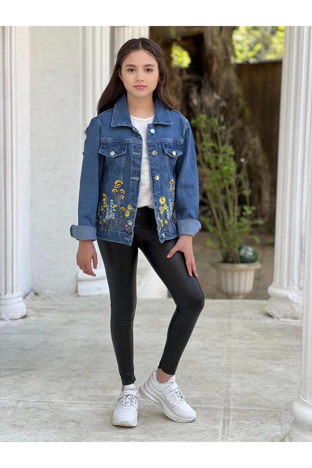 DUDOR KİDS  Kız Çocuk Çiçek Nakışlı Kot Ceket-jeans Ceket/kot Mont-jeans Mont - Görsel 6