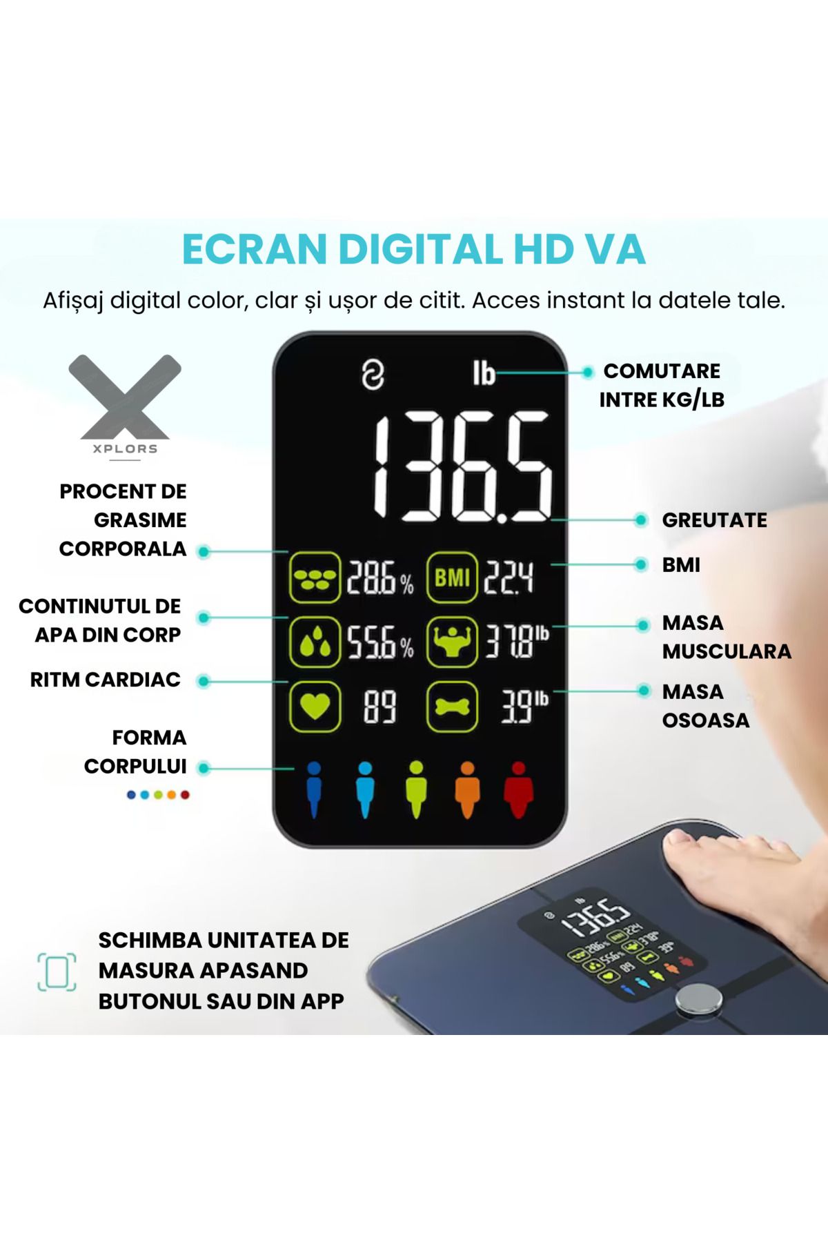 XPLORS-Smart Scale ®, Body Analysis, 22 Indicators, G-Sensors, Bluetooth, Ios/android, black 3