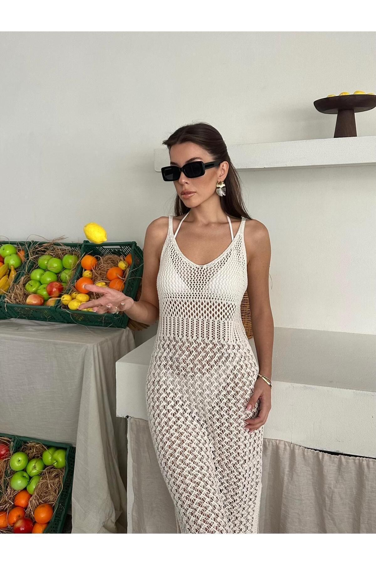 Serenay Atelier-Γυναικείο πλεκτό φόρεμα παραλίας με λουράκι με διάτρητο σχέδιο V λαιμόκοψη μίντι μήκους 100% βαμβάκι 4