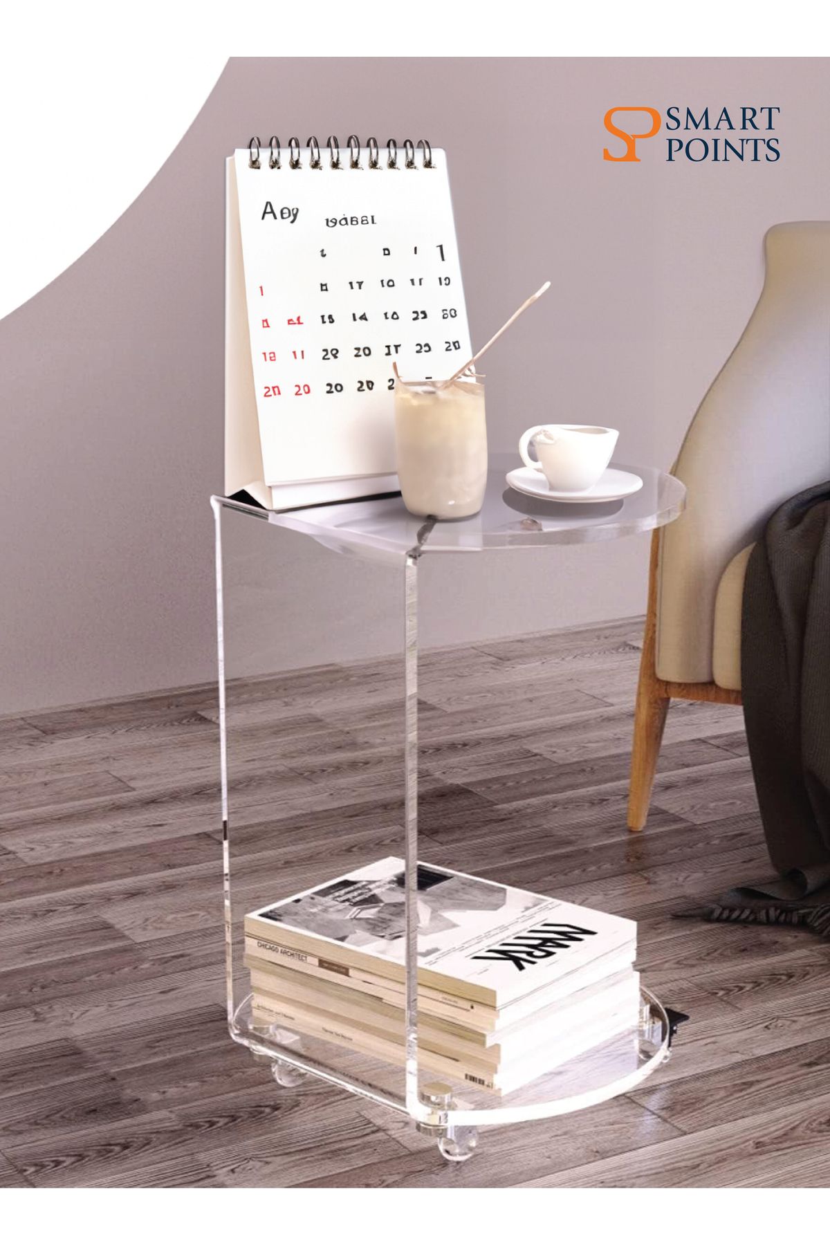 SMARTPOINTS-C-Shaped Round Acrylic Side Sofa Table on Wheels, Clear Rolling Decoration Table for Liv 3