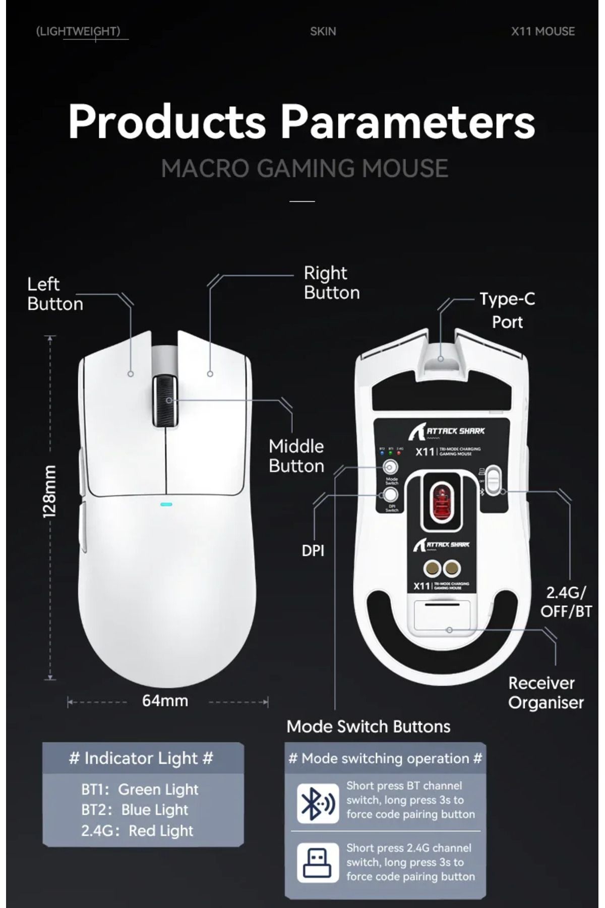 Choice-X11 Black Paw3311 Bluetooth Mouse, Triple Mode Connectivity, Touch Magnetic Charging Dock 3