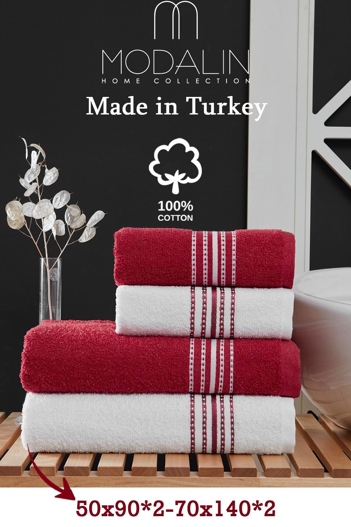 MODALİN-4dílná sada osušek Elvin Claret Red - 70x140cm X2 / 50x90cm X2 3