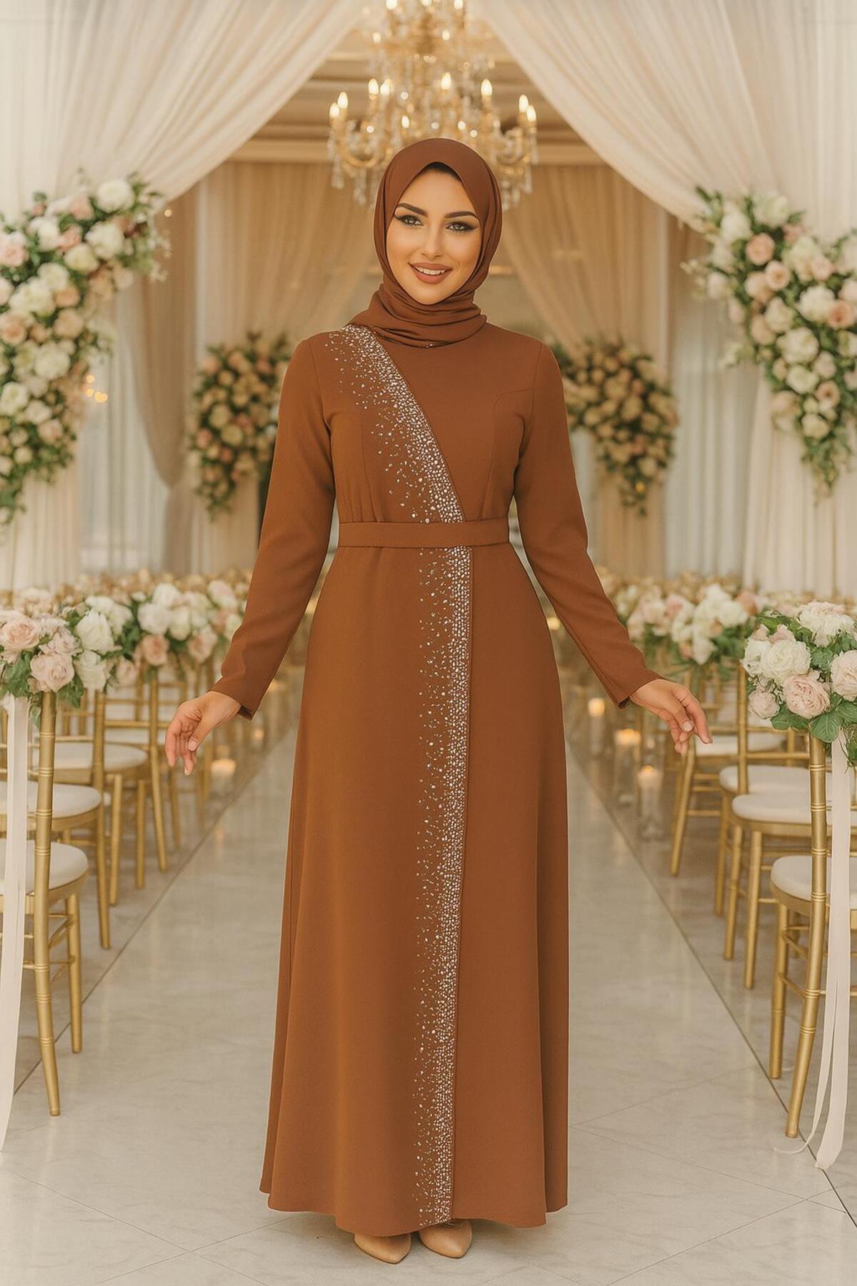Neva Style-Beaded Tan Hijab Evening Dress 32150Tb 1
