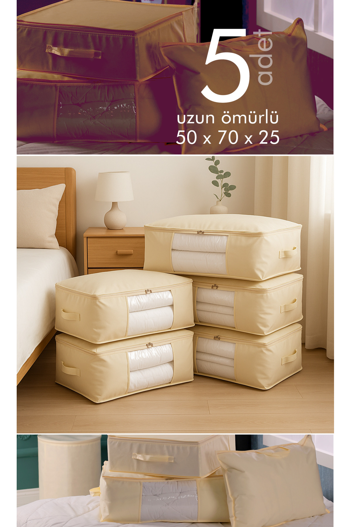 5-Piece Set Large Size 70x50x25cm Sofa Bed with Window&Base Bottom,Duvet&Pillow Organizer Hurch Cream