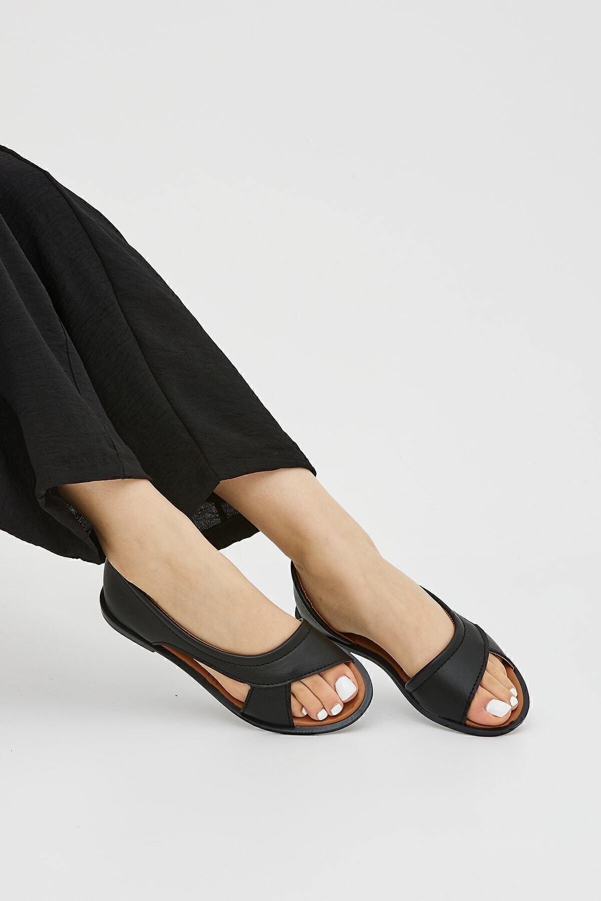 Moda Devrin  Siyah Önü Açık Kadın Sandalet Yazlık Ayakkabı Babet - Görsel 3