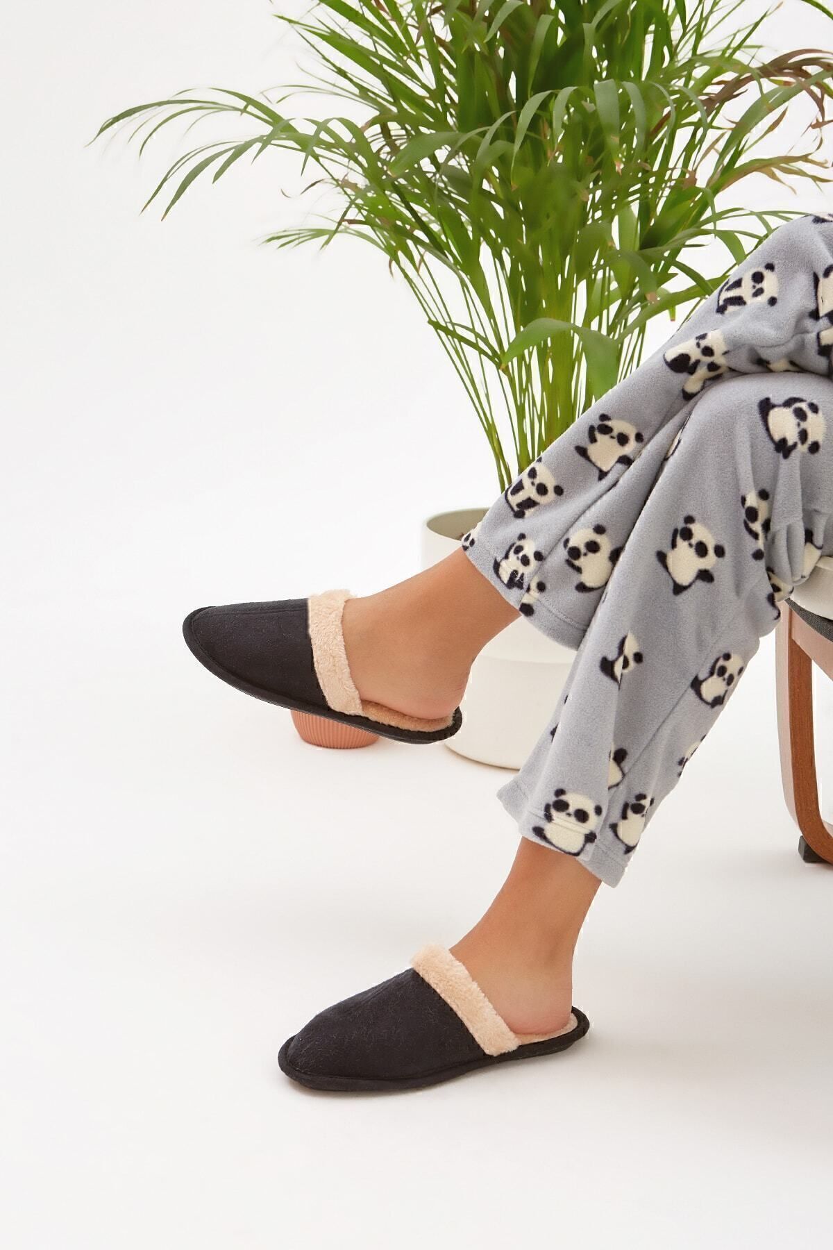 Moda Devrin-Μαύρες κλειστές γούνινες παντόφλες εσωτερικού χώρου Χειμερινές παντόφλες (στενή εφαρμογή) 3