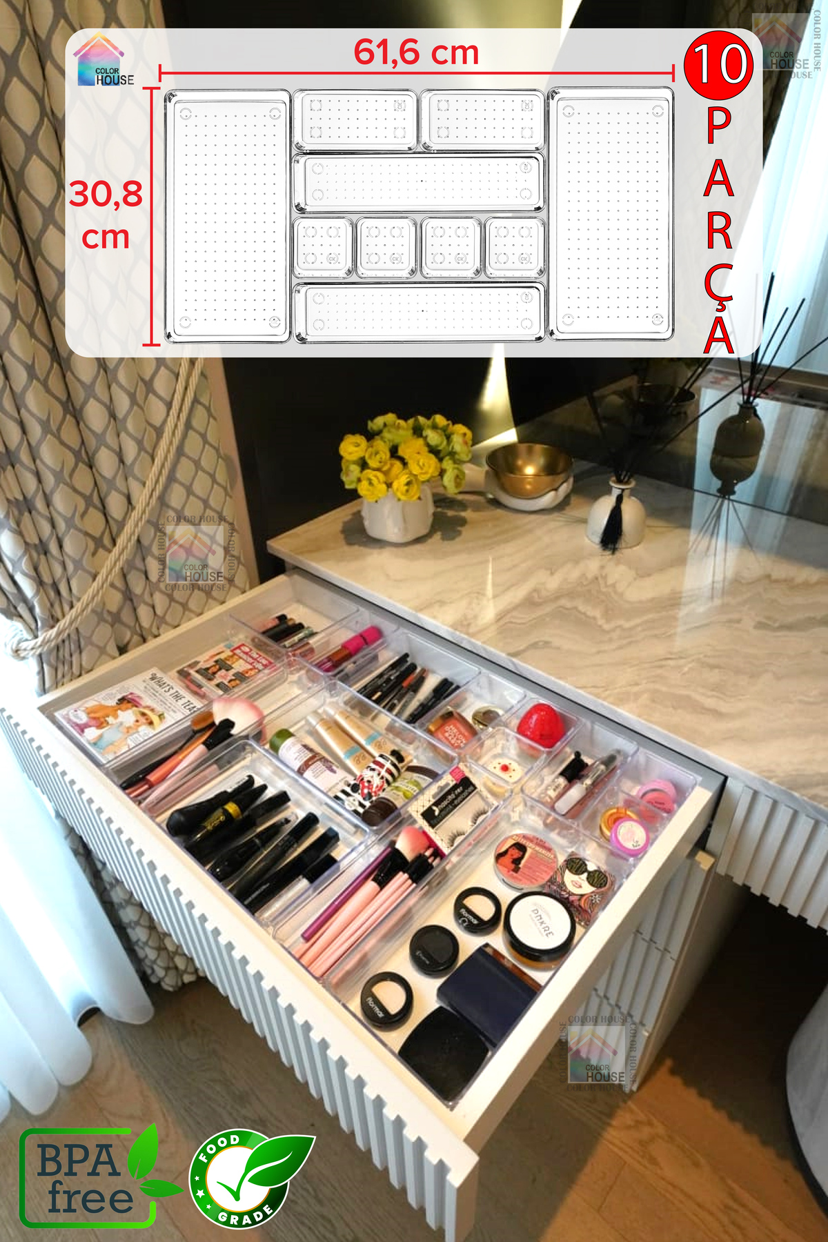10-Piece Set Modular Drawer Interior Organizer Makeup Jewelry Kitchen Bathroom Hobby Refrigerator Medicine Organizer
