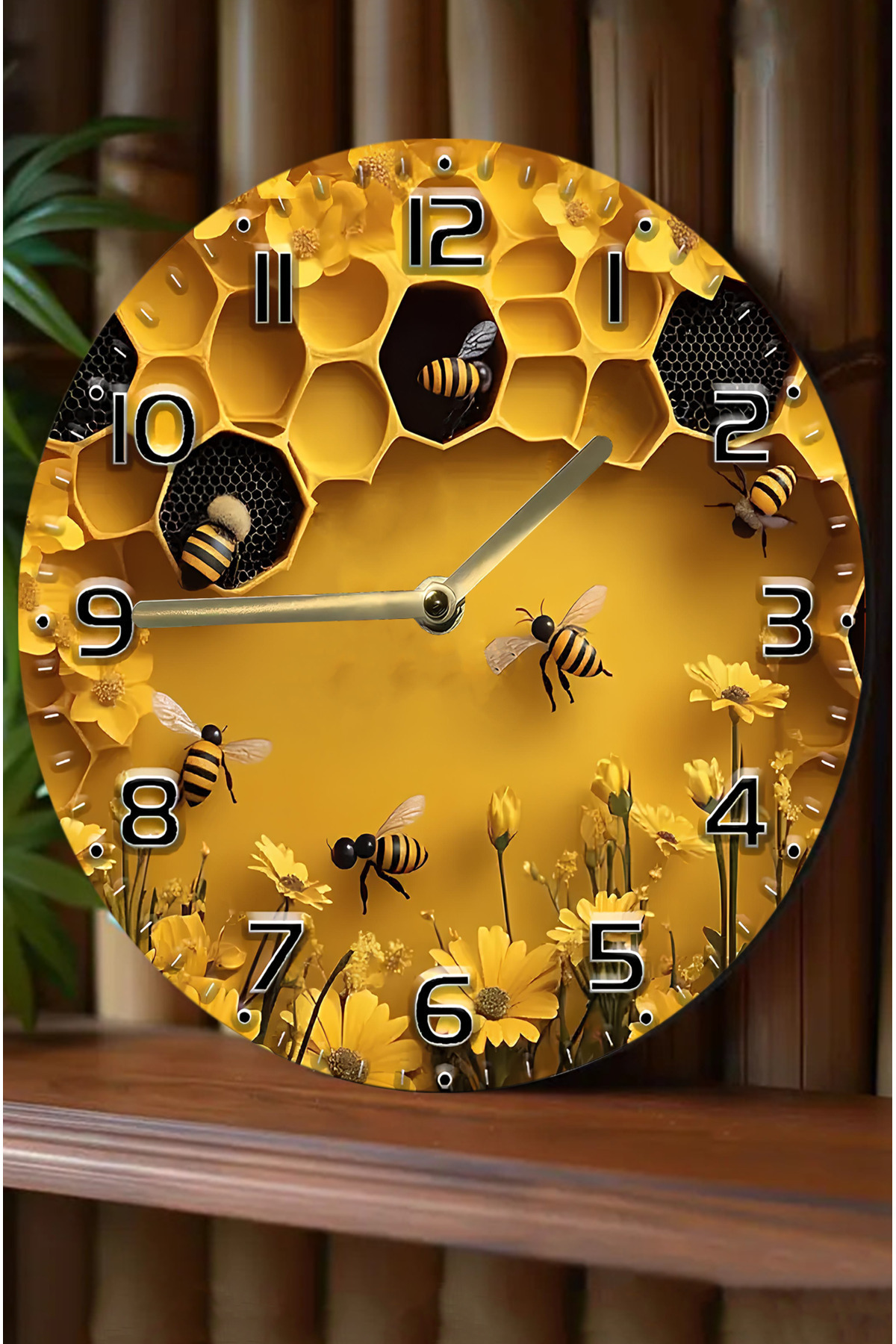 🐝 Arı ve Petek Temalı MDF Duvar Saati – 33 cm | 3D Görünümlü UV Baskılı SDW346