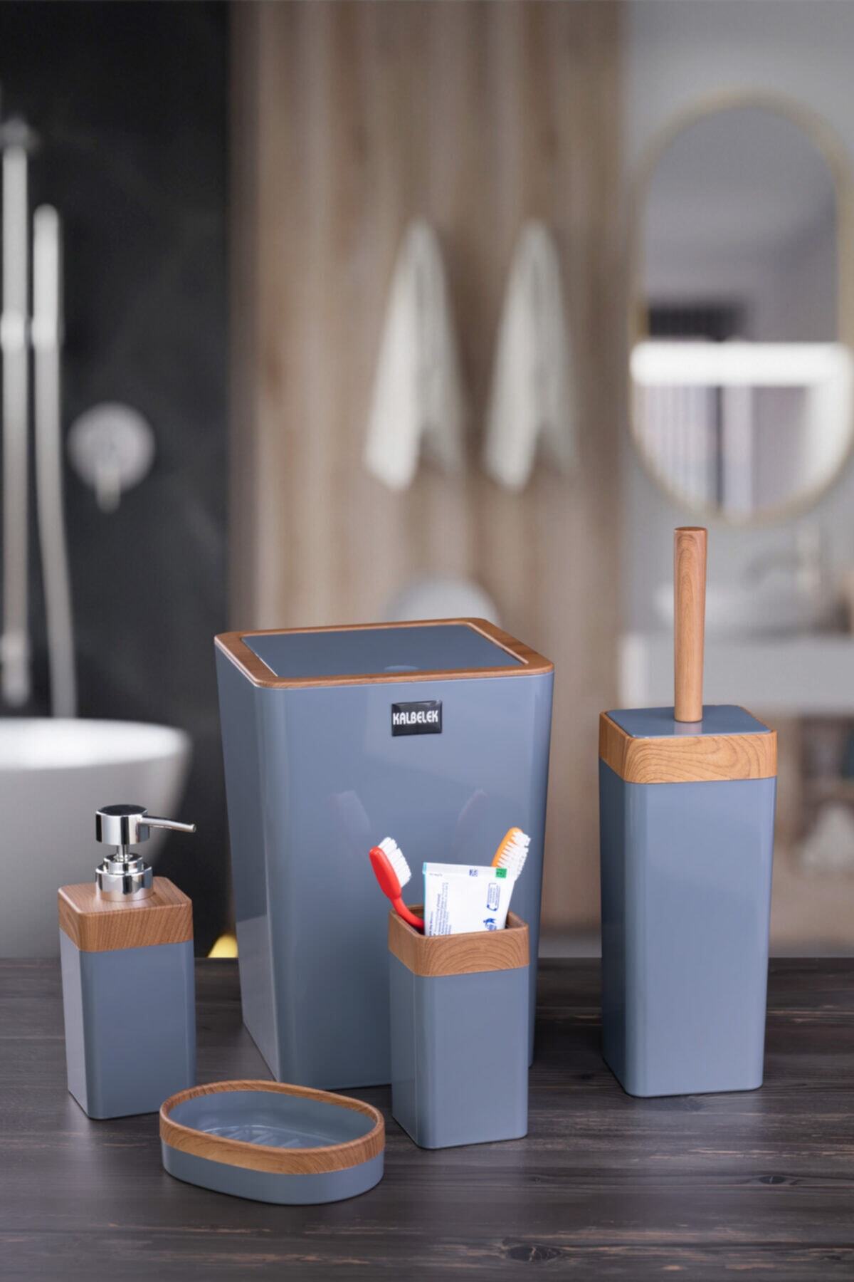 Acrylic 5-Piece Bathroom Set with Wood Pattern - Gray
