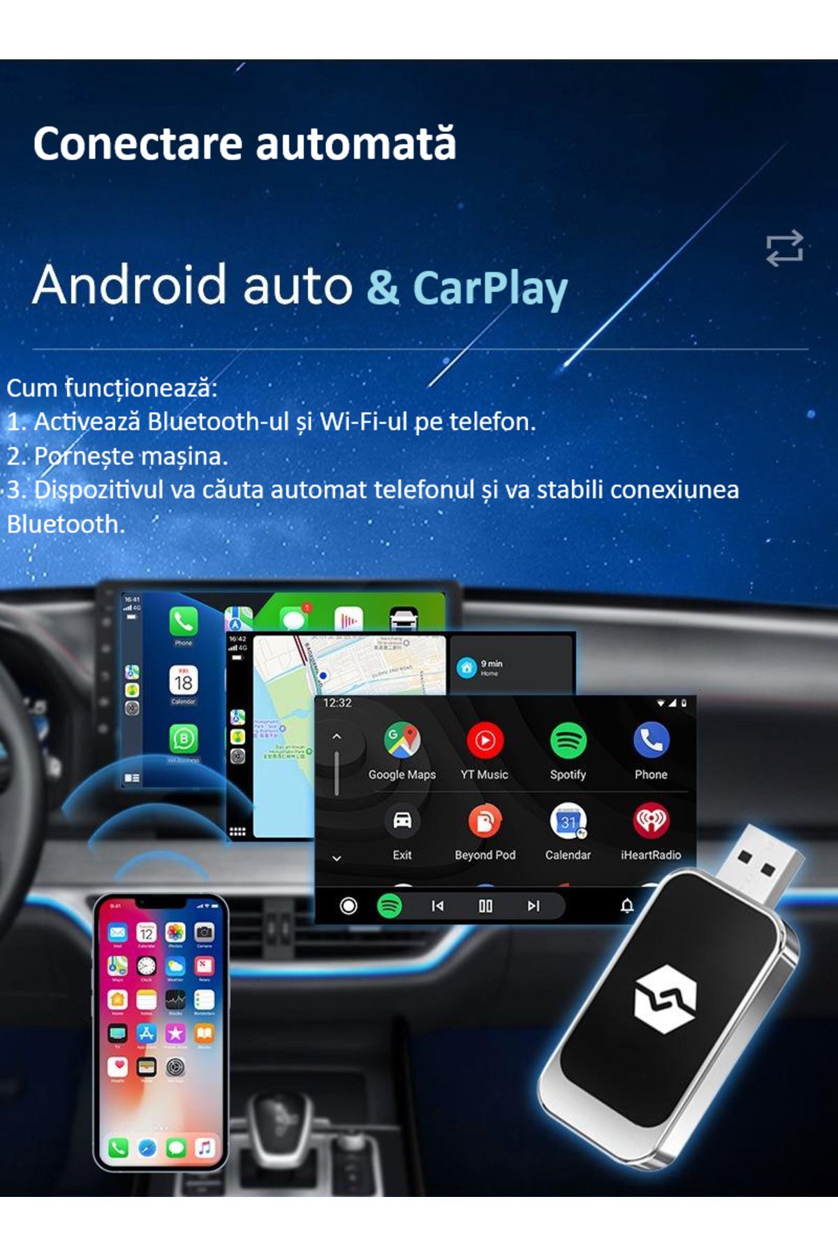 zyteq-Adaptor wireless ZYTEQ® Q1BZ 2-in-1 CarPlay & Android Auto, WiFi 5GHz, Plug&Play, Negru-Argintiu 3