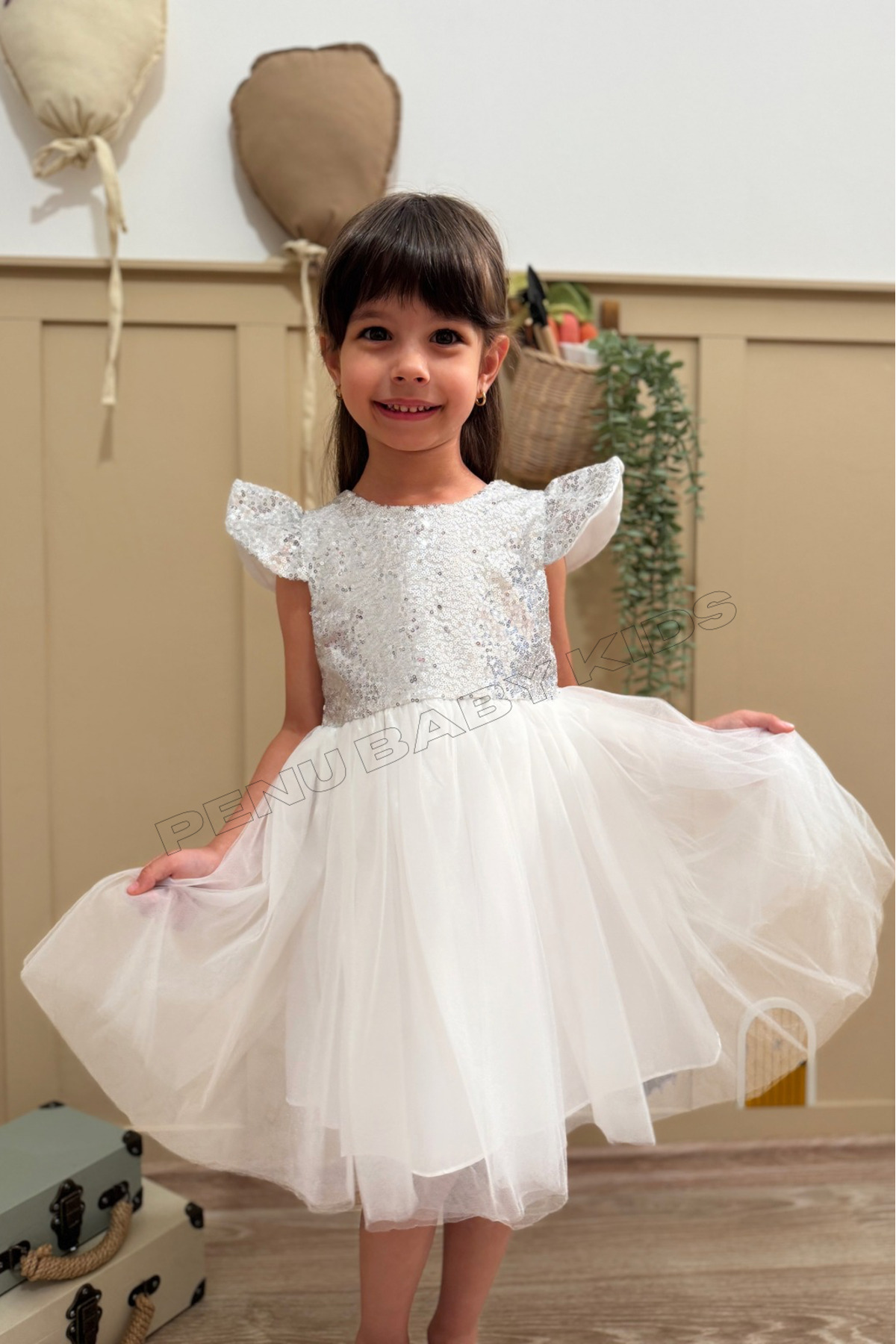 penu baby kids Beyaz Payetli Kısa Kol Tül Etekli Kız Bebek Elbise - Elizabeth fotoğrafı 5 (önizleme)