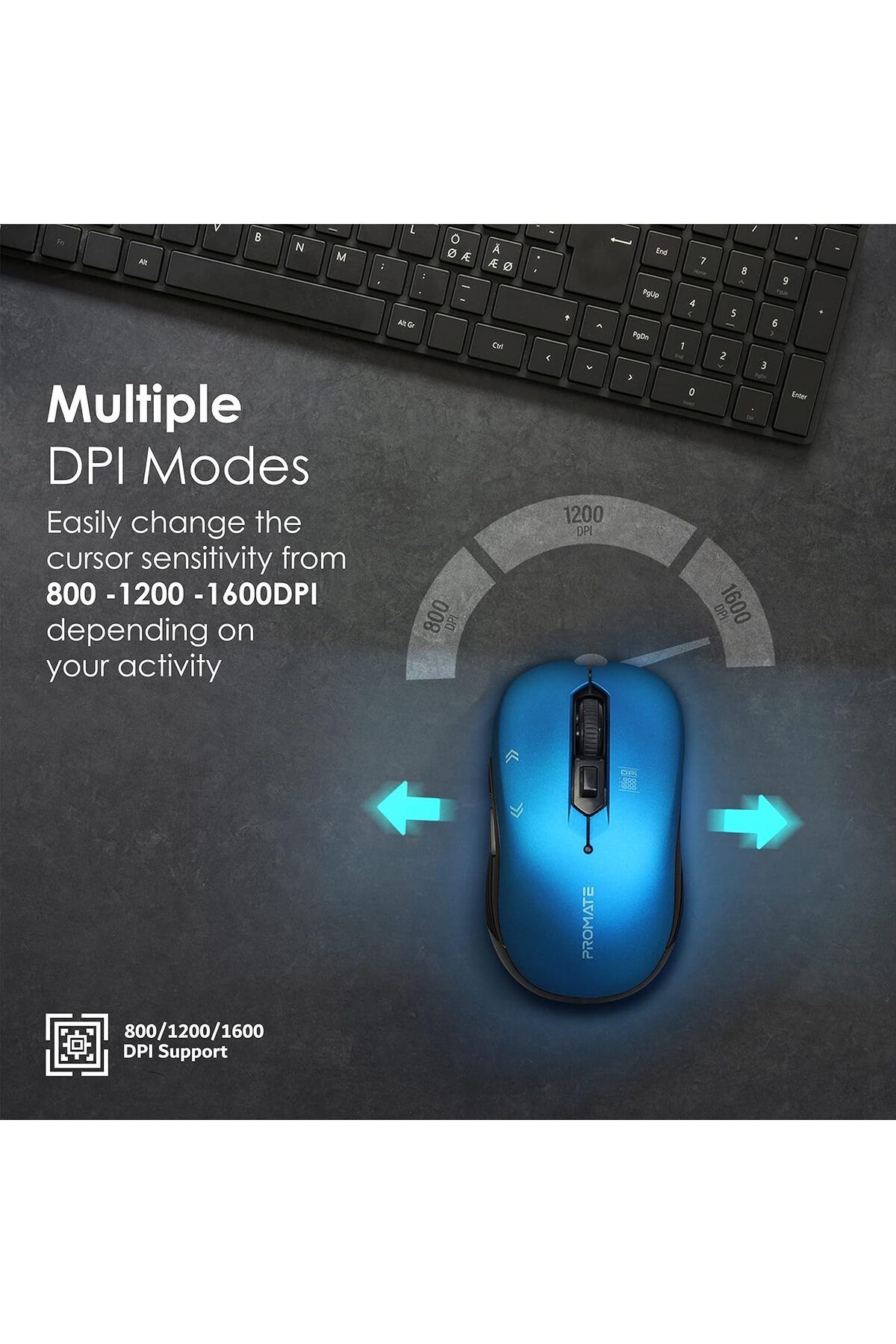 Promate-1600DPI Wireless Mouse, Ergonomic Symmetric 2.4GHz Cordless Optical Mouse with Nano Receiver 6