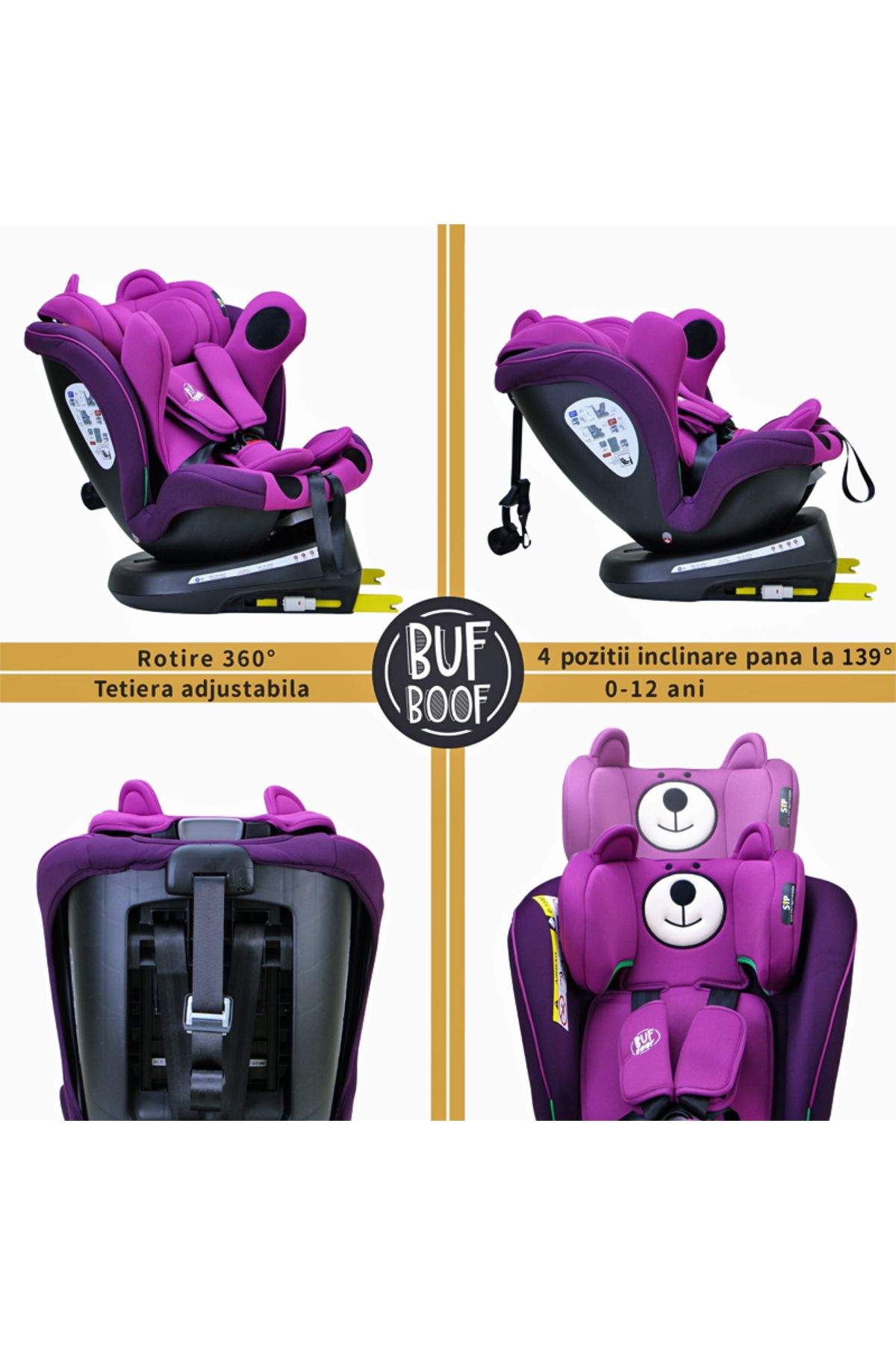 BUF BOOF-Scaun auto TWT Plus iSize Buf Boof UrsPurple cu isofix Rotativ 360 Pozitie Somn Top Tether 0-36 kg 5