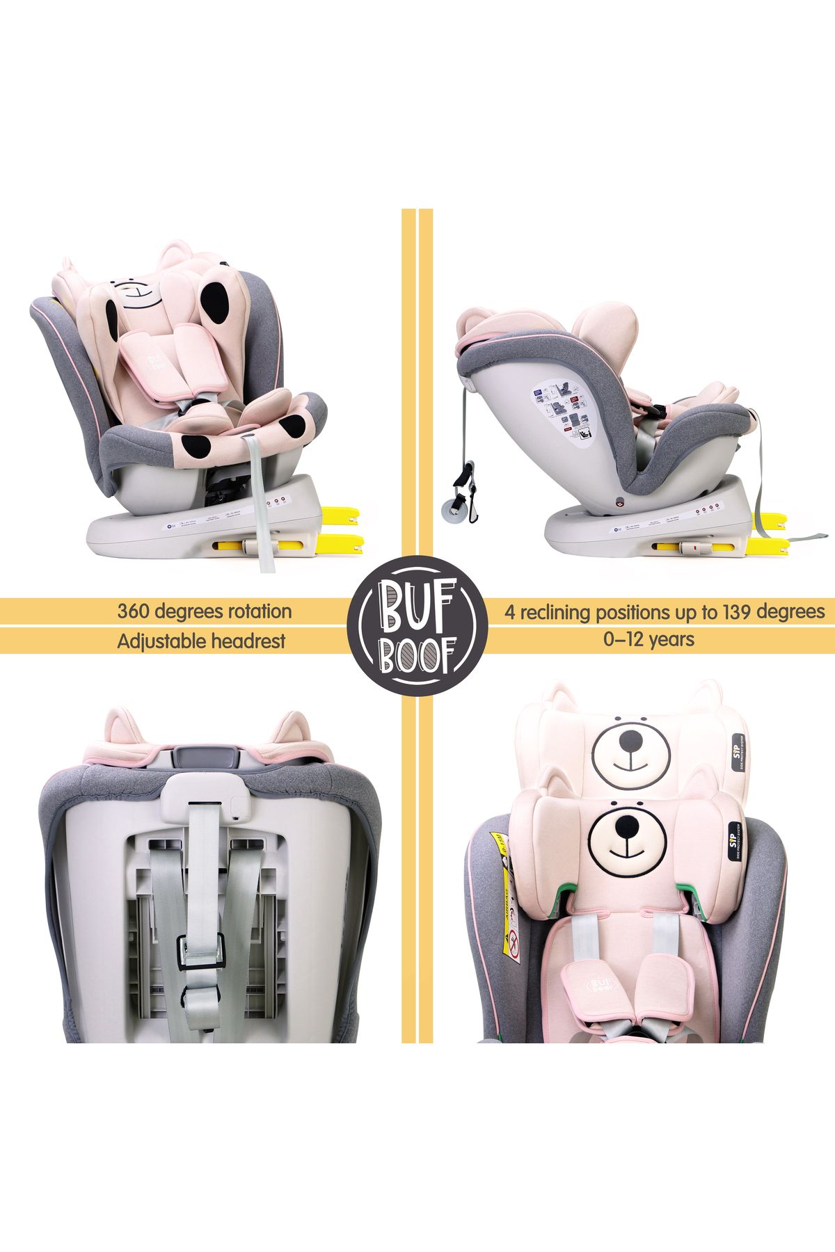 BUF BOOF-Scaun auto TWT Plus iSize Buf Boof UrsPink isofix Rotativ 360 Pozitie Somn Top Tether 40-150 cm 2