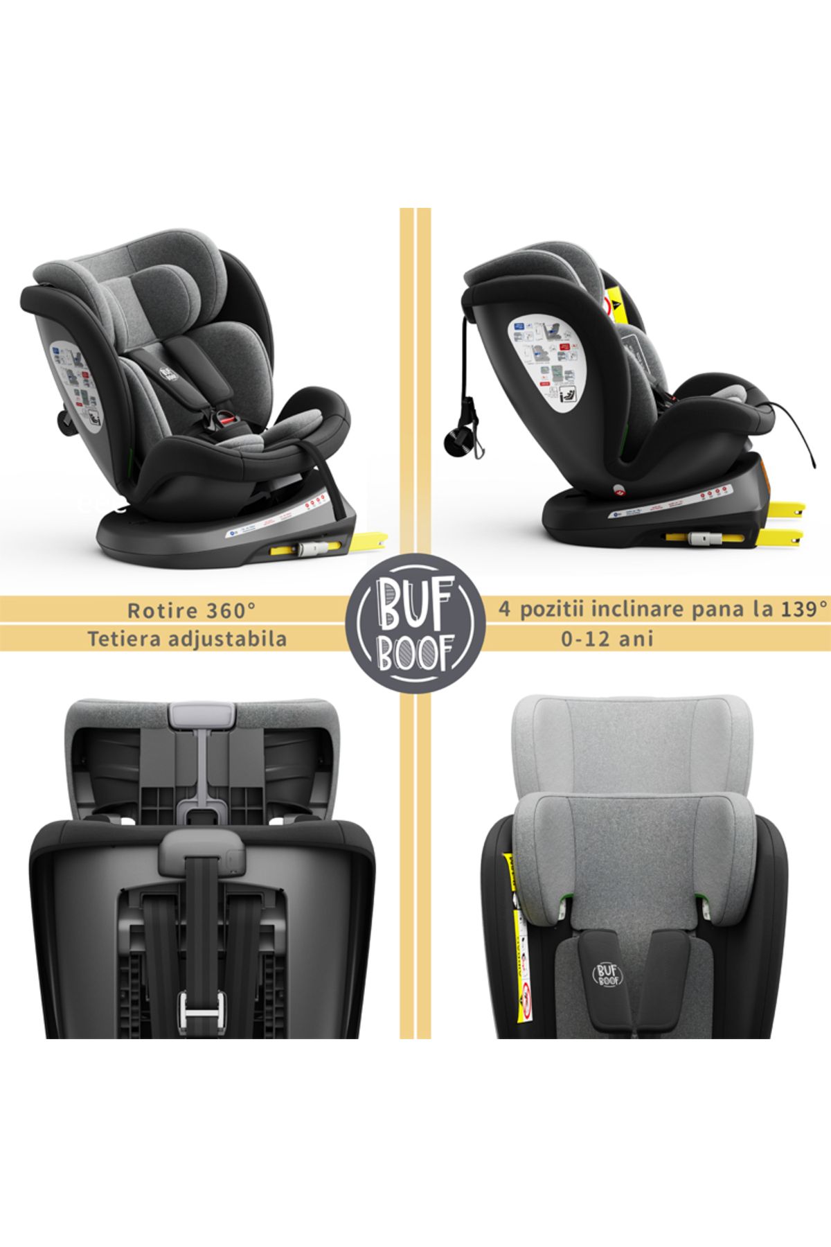BUF BOOF-Scaun auto TWT Plus iSize Buf Boof Black cu isofix Rotativ 360 Pozitie Somn Top Tether 40-150 cm 2