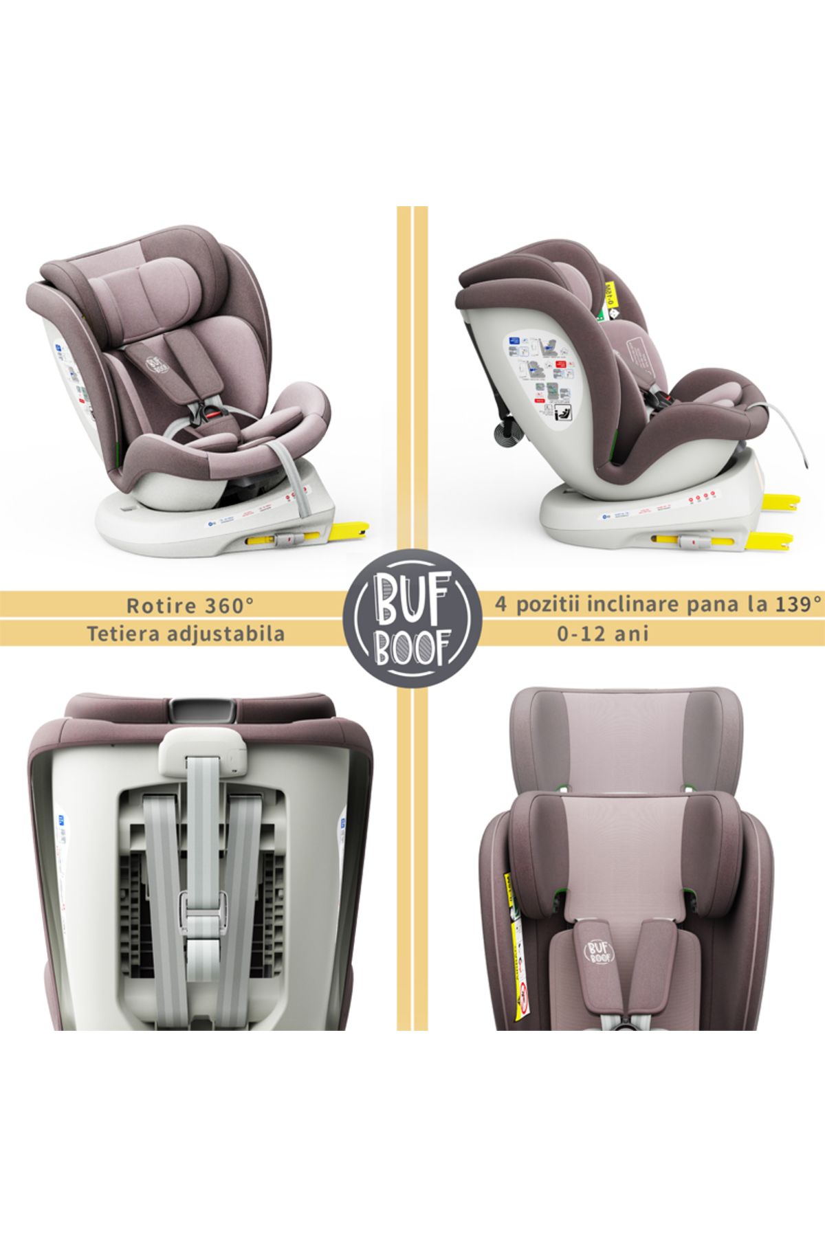 BUF BOOF-Scaun auto Tweety Plus iSize Buf Boof LightRed isofix Rotativ 360 Pozitie Somn Top Tether 0-36 kg 4
