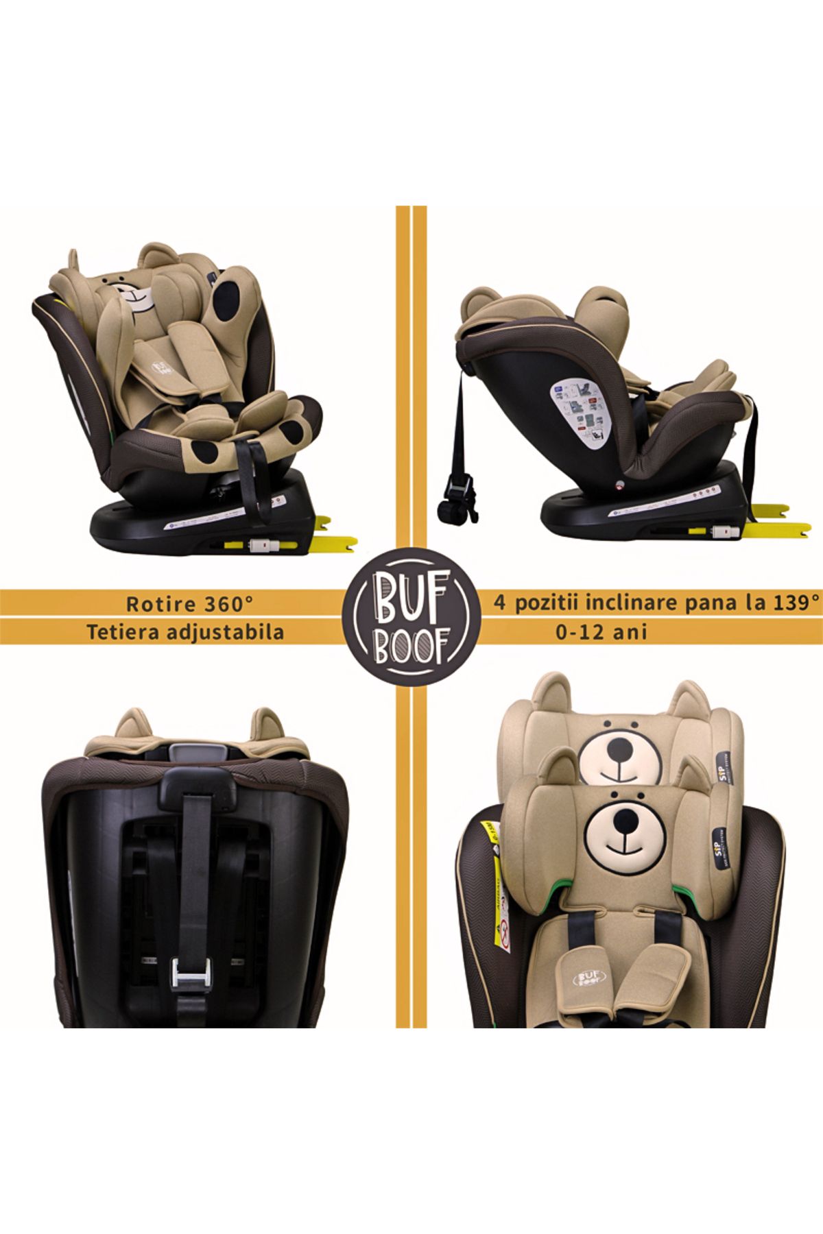 BUF BOOF-Scaun auto TWT Plus iSize Buf Boof UrsCoffee isofix Rotativ 360 Pozitie Somn Top Tether 40-150 cm 2