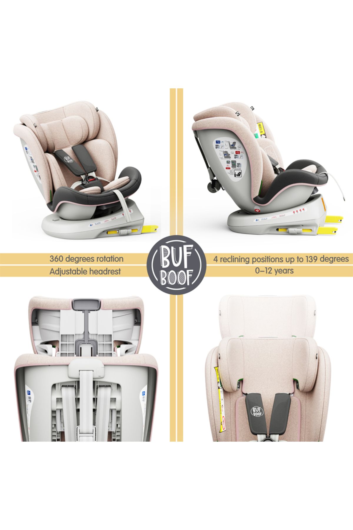 BUF BOOF-Scaun auto TWT Plus iSize Buf Boof LightPink isofix Rotativ 360 Pozitie Somn Top Tether 40-150 cm 2