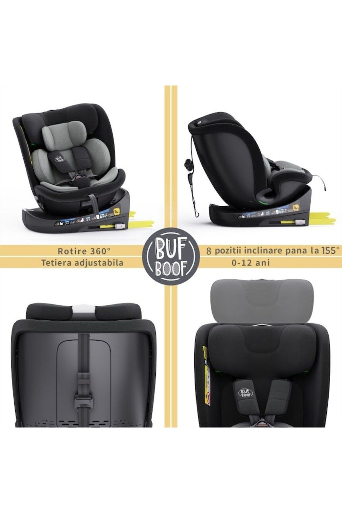 BUF BOOF-Scaun Auto B-Joy DELUXE BUF BOOF iSIZE Grey Isofix pozitie somn 155 grade rotativ 360 grade 3