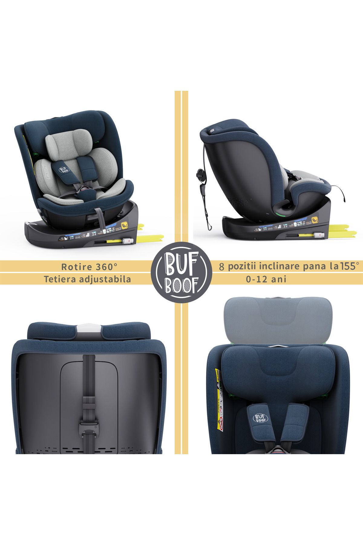 BUF BOOF-B-Joy DELUXE BUF BOOF iSIZE Blue Car Seat with Isofix, sleep position 155 degrees, 360 degrees rotating 3