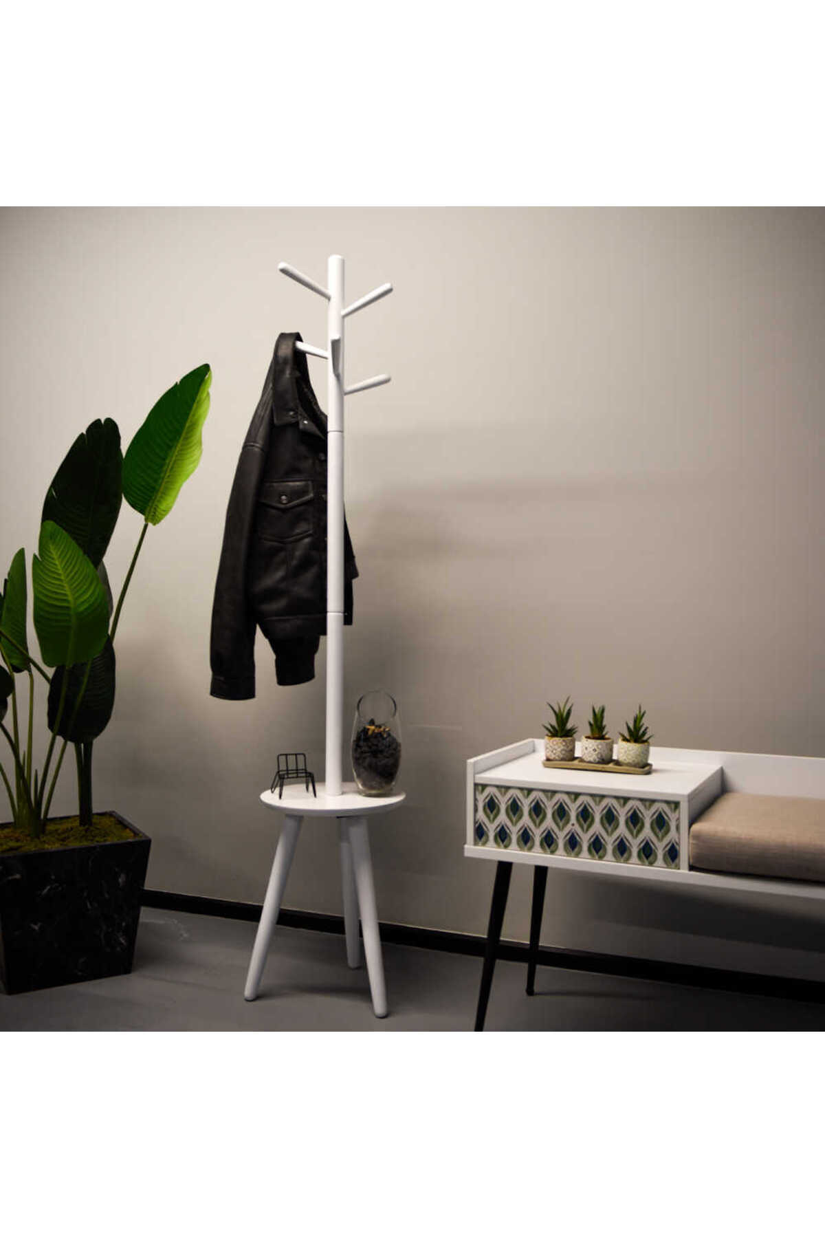 Adore Mobilya Sofia Tabureli Masif Askılık-Beyaz 40x178x40 cm