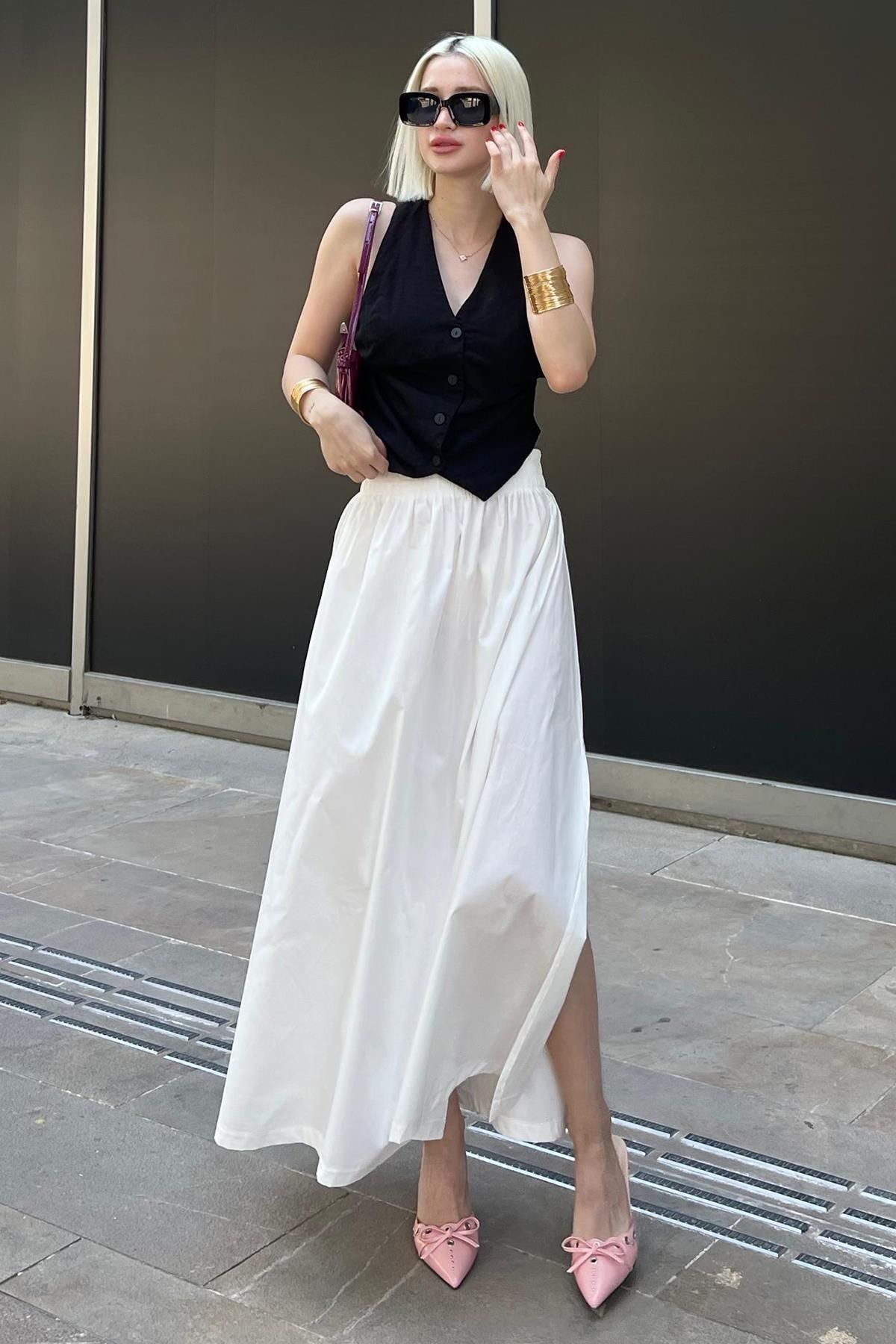 Madmext-MG2092 Model White Basic Midi hasított szoknya 5