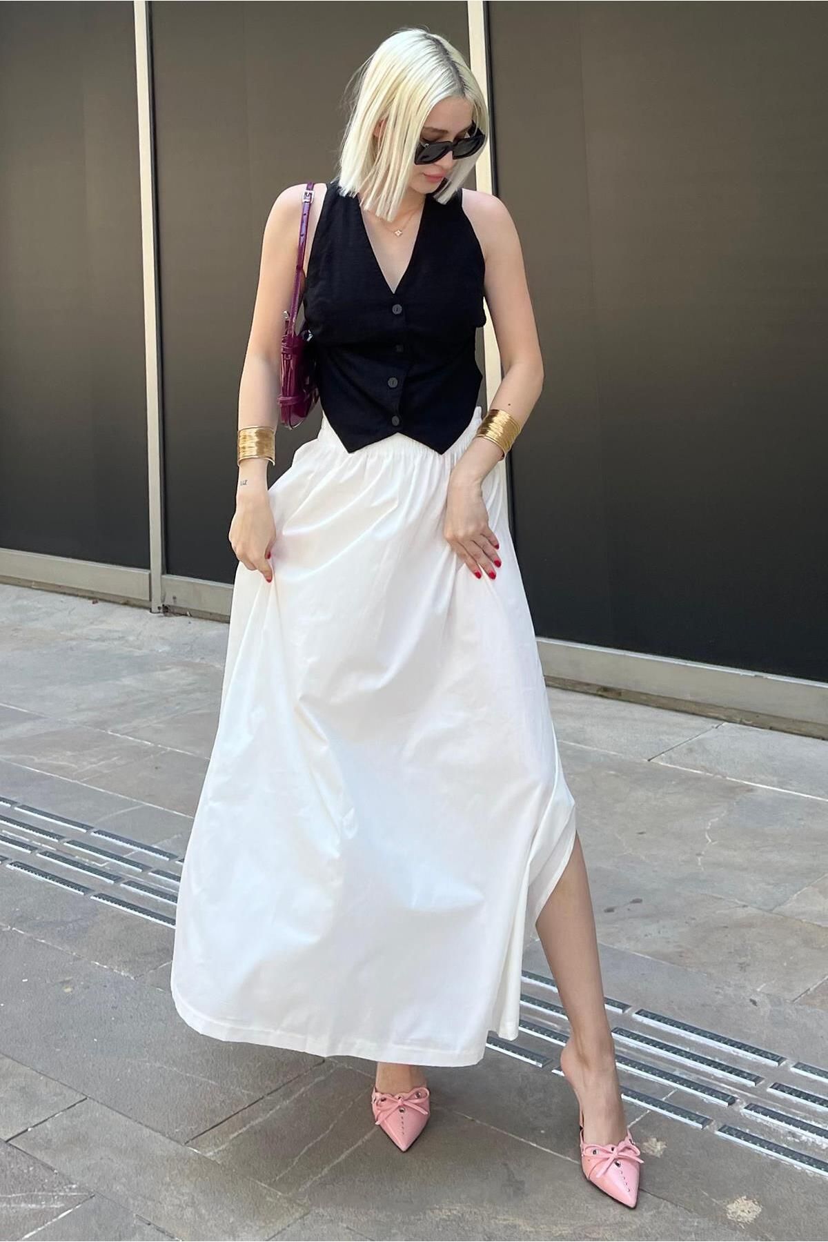 Madmext-MG2092 Model White Basic Midi hasított szoknya 8