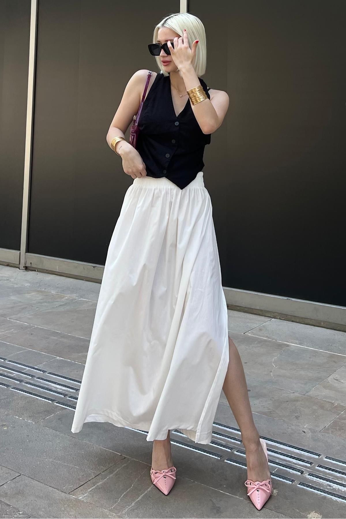 Madmext-MG2092 Model White Basic Midi hasított szoknya 3