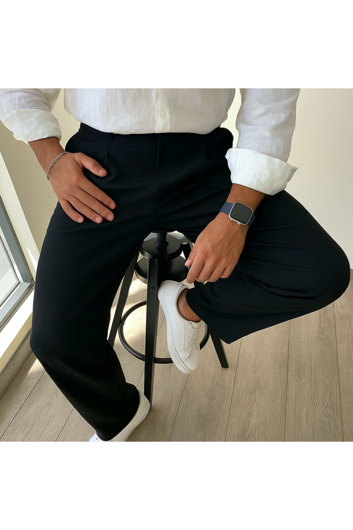 Tutals  Erkek Siyah Renk Pileli Likralı Rahat Kalıp Baggy Kumaş Pantolon - Görsel 8