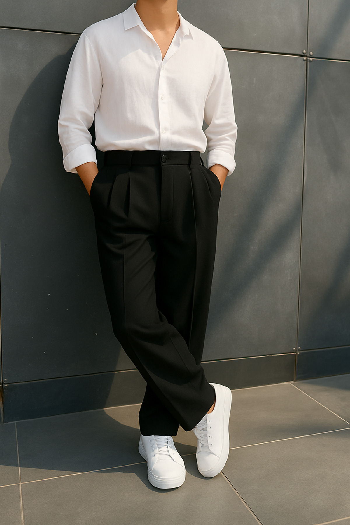 Tutals  Erkek Siyah Renk Pileli Likralı Rahat Kalıp Baggy Kumaş Pantolon - Görsel 6