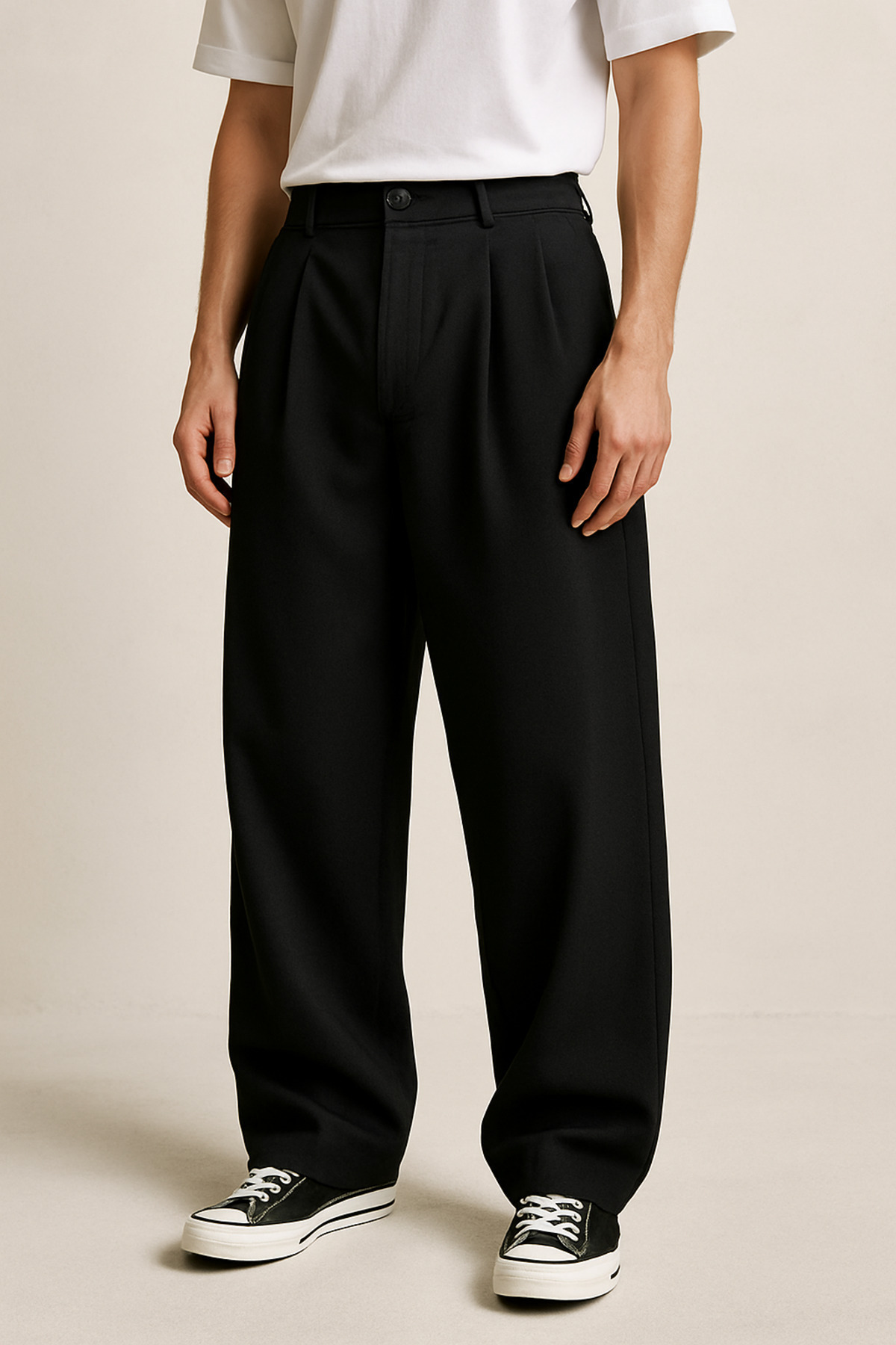 Tutals  Erkek Siyah Renk Pileli Likralı Rahat Kalıp Baggy Kumaş Pantolon - Görsel 7