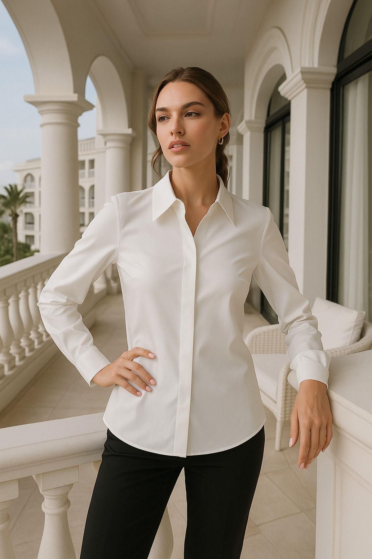 Rich-Women's Ecru Hidden Button Detailed Slim Fit Trend Crepe Shirt 8
