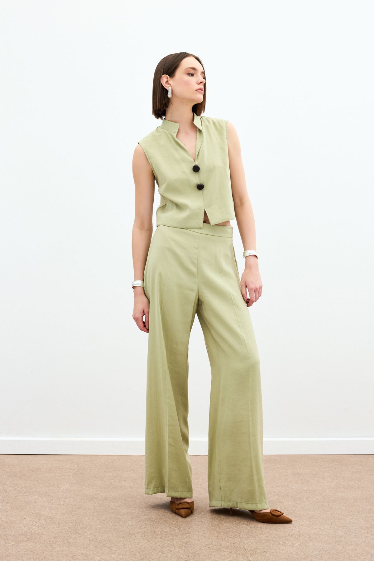 Sateen-Pantaloni de in cu talie înaltă - verde ulei 5