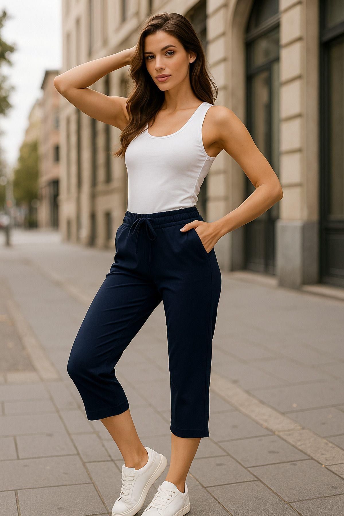 Rich-Pantaloni Capri de damă cu talie elastică, cu croială relaxată, de zi cu zi, uni, bleumarin 2