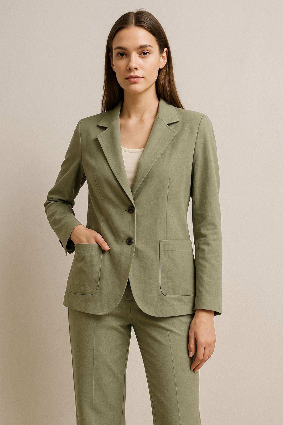 Rich Women's Khaki Suit - Jacket and High Waist Pants Two Piece Set