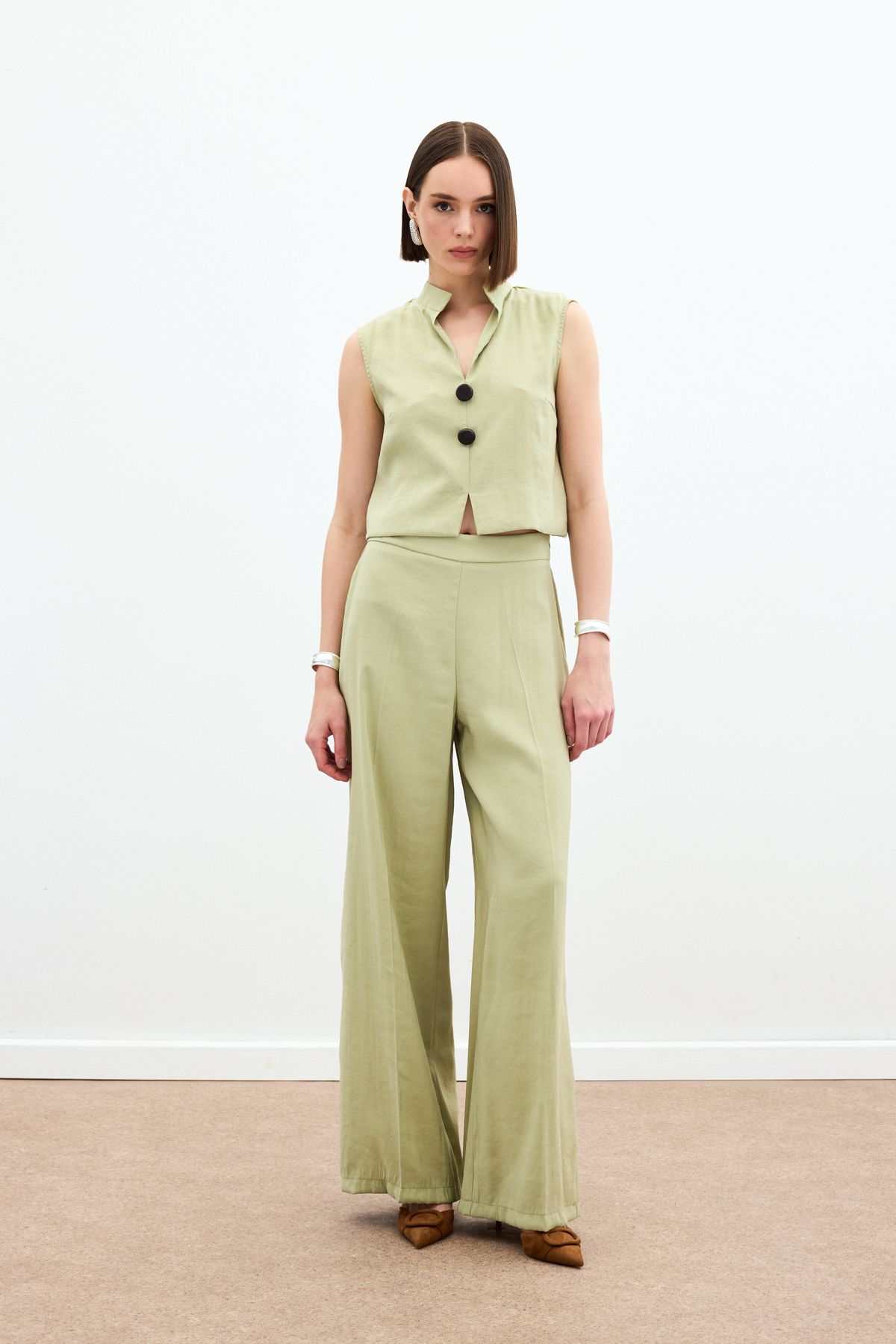 Sateen-Pantaloni de in cu talie înaltă - verde ulei 4