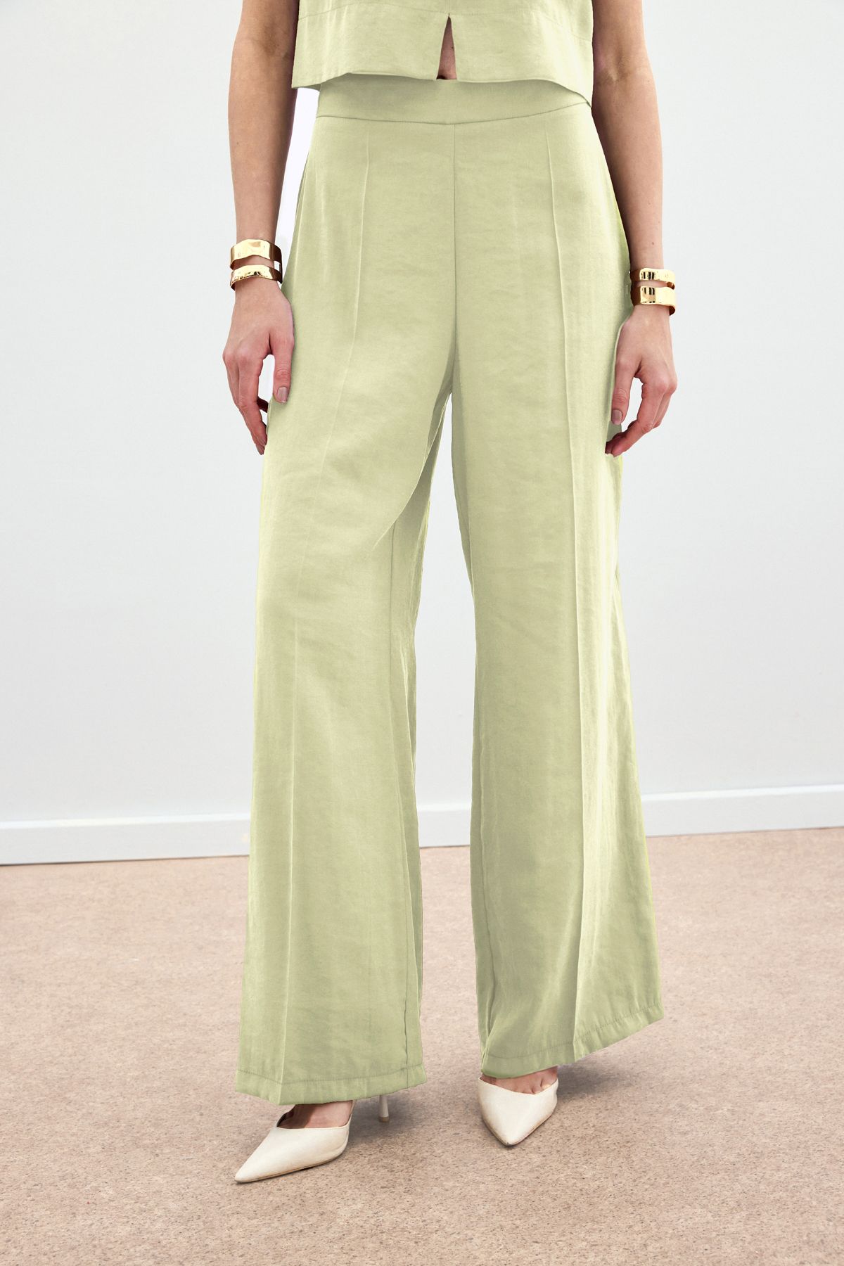 Sateen-Pantaloni de in cu talie înaltă - verde ulei 8