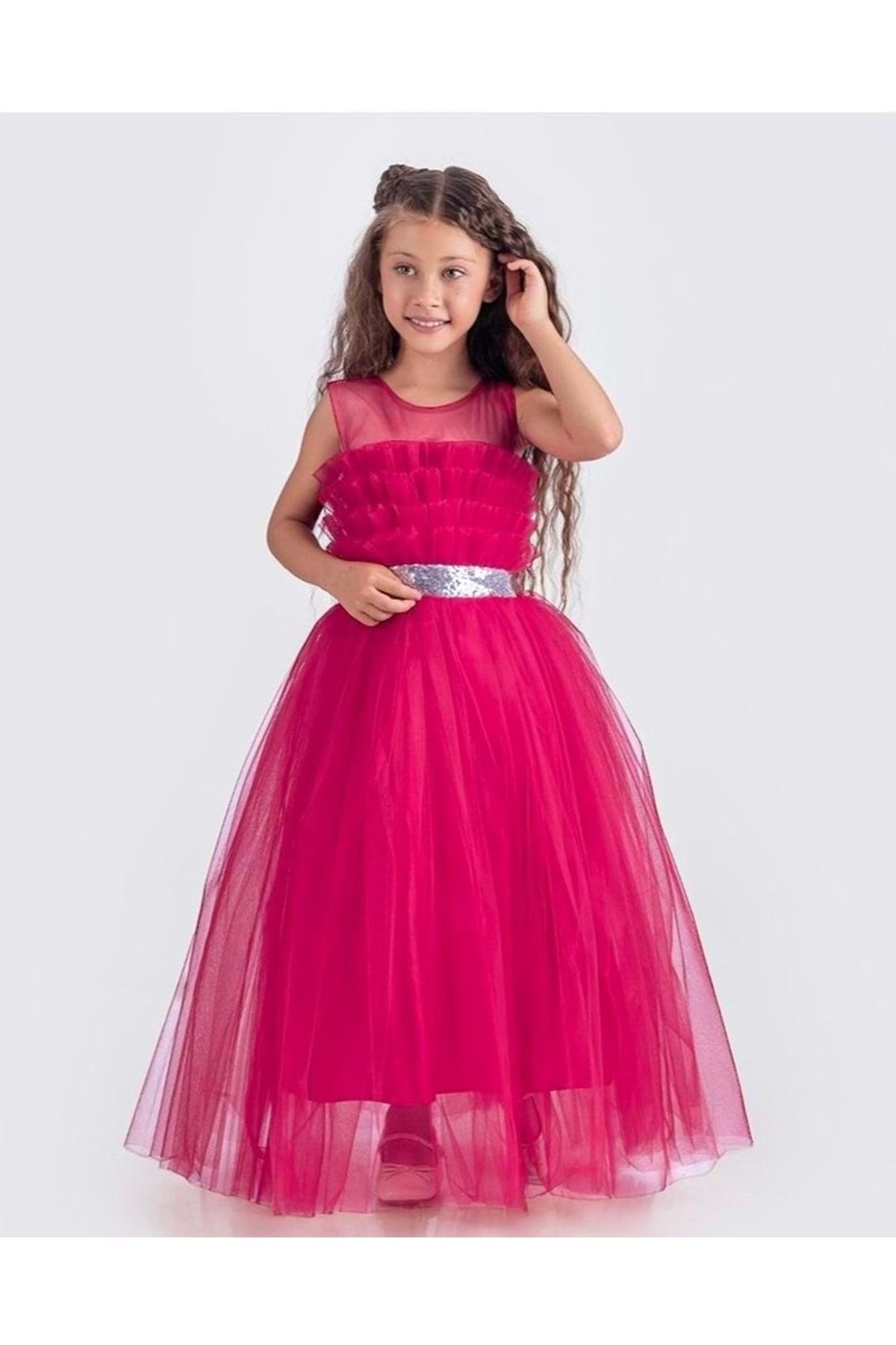 Mnk Baby&Kids Sapes Model Sırt Gipeli Tüllü Kız Çocuk Askılı Saten Abiye MNK0618 FUŞYA