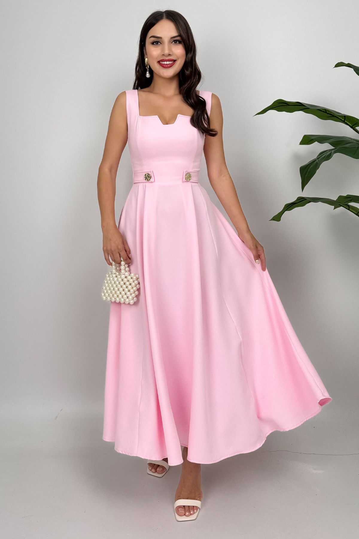 Roselia Women's Midi Dress with Pink Button – Elegant Invitation and Casual Elegance