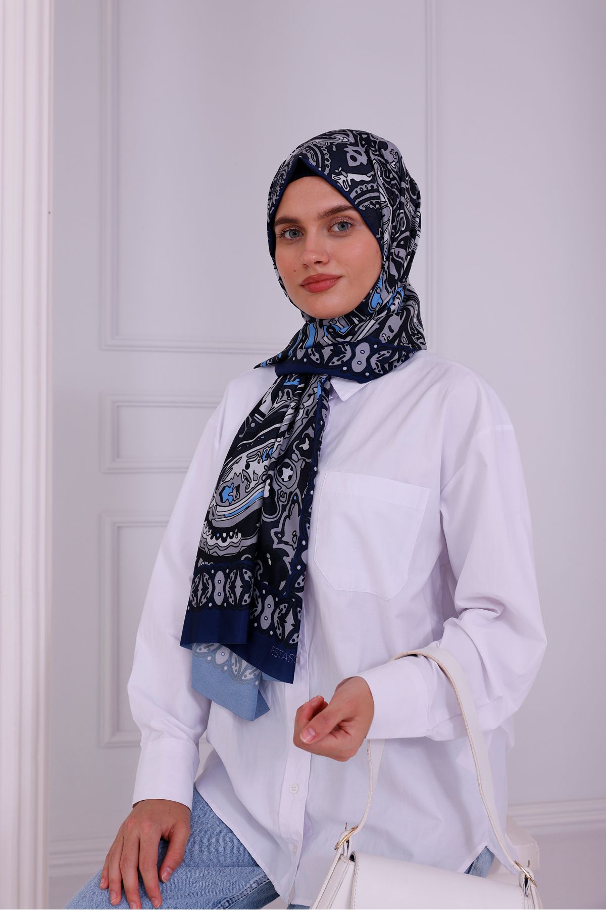 tarzınısec-Retro Patterned Women's Shawl Blue Estascarf 7