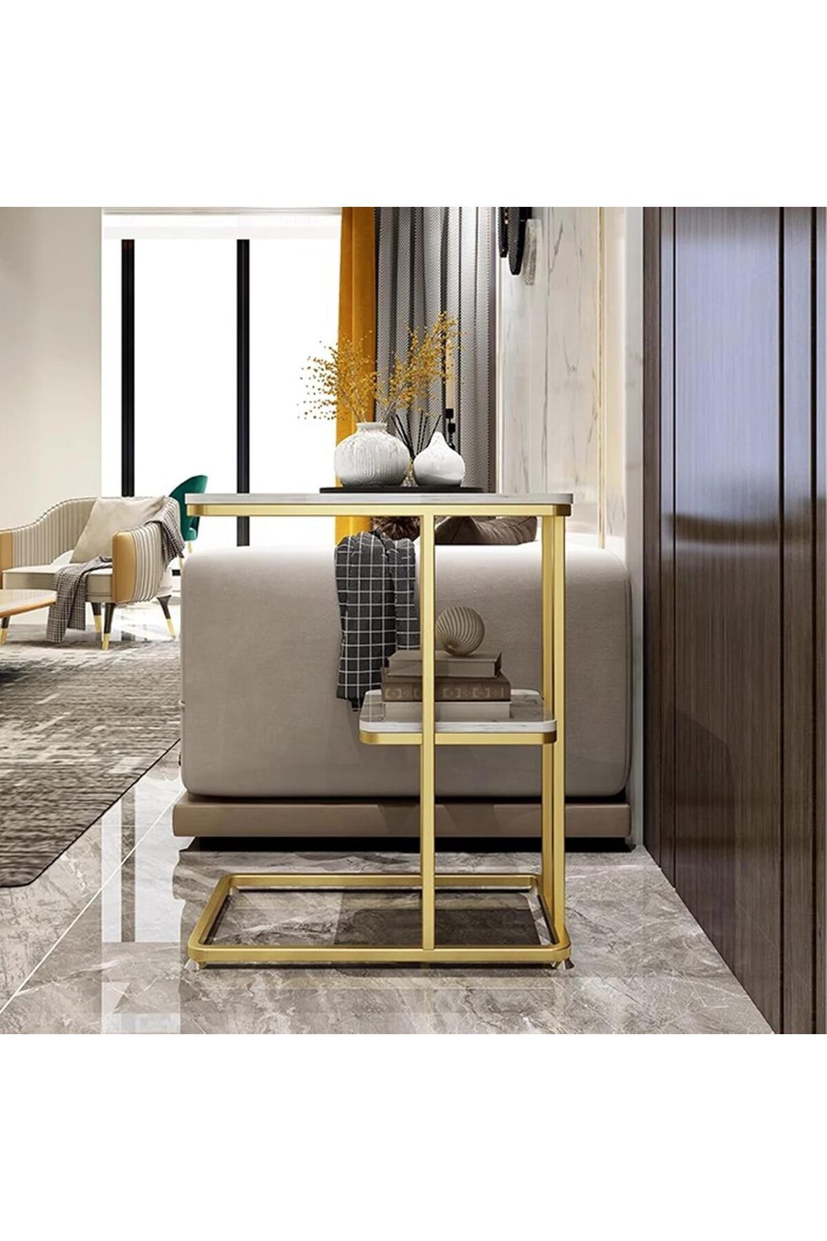 Generic-MOZOGOT 2-Tier C Shaped End Table Sofa Side Table with Metal Frame, Gold Snack Couch Table for Small 8
