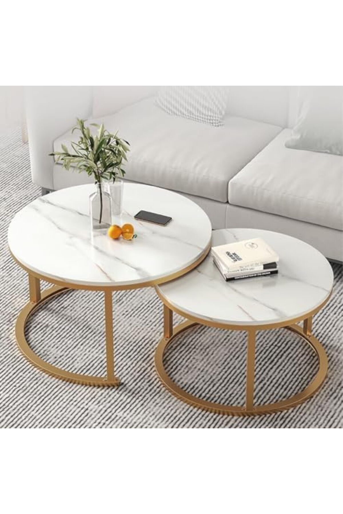 Generic-Modern Nesting Coffee Table Set of 2 Wooden Side Table Minimalist Round Nesting Table Sturdy Steel F 1