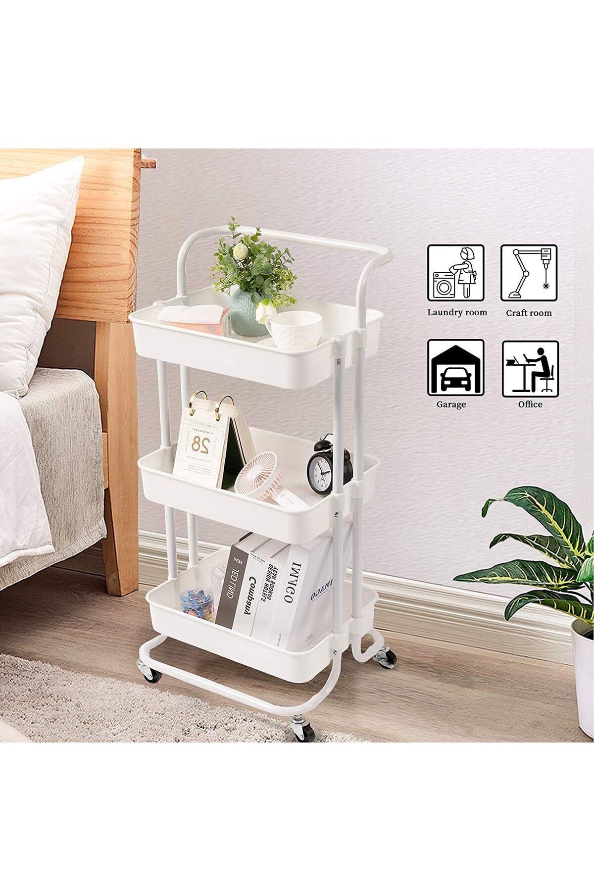 Generic-3-Tier Rolling Utility Carts Trolley Storage Cart with Handle Multifunctional Organization Cart with 8