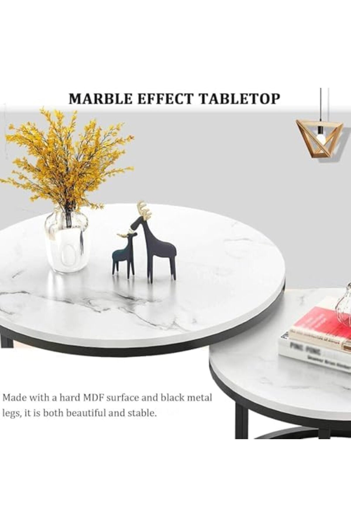 Generic-Set of 2 Round Nesting Coffee Tables – Sofa Side End Tables for Living Room – Stylish Marble Top 6