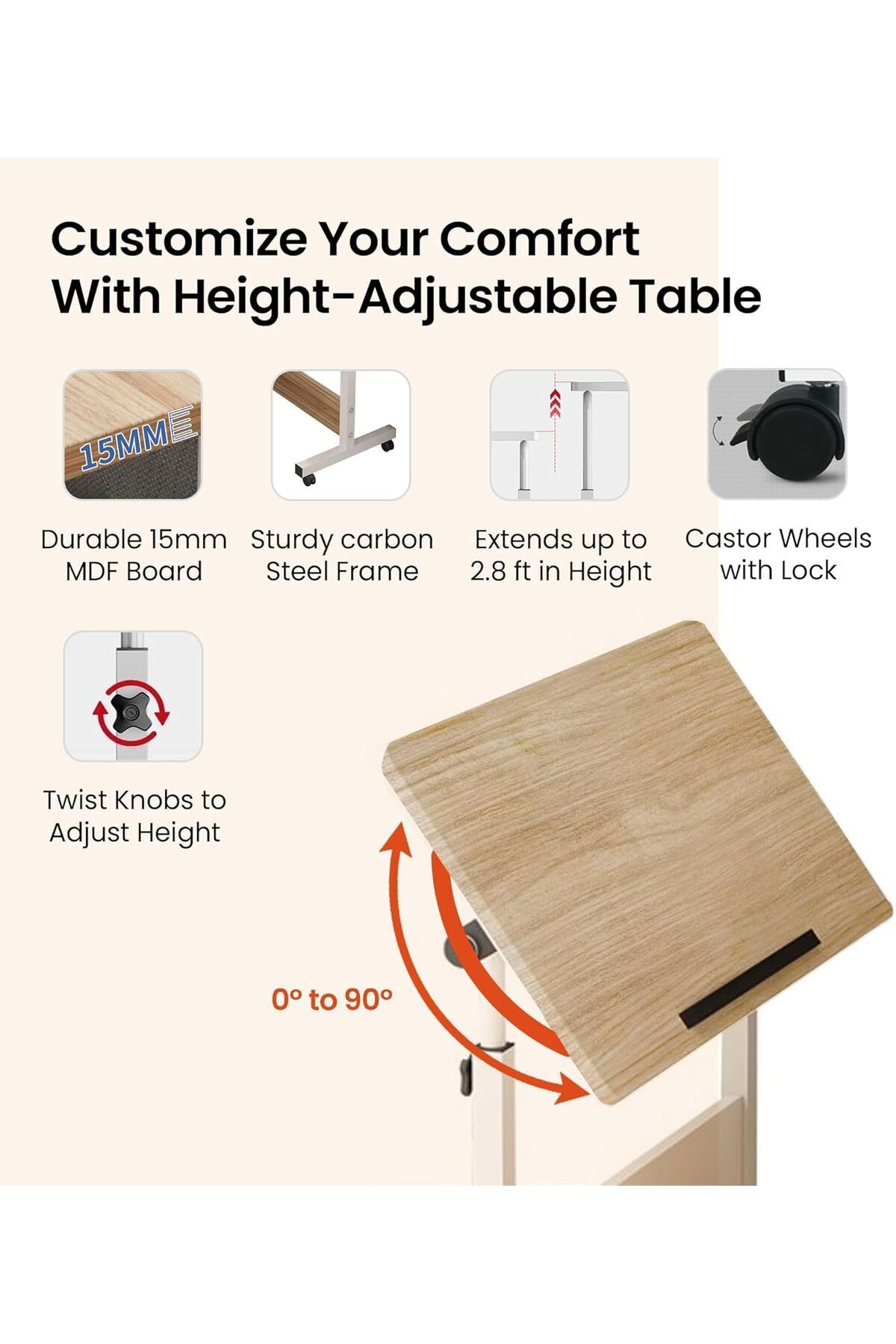 Generic-Multipurpose Manual Height Adjustable, Movable Desk with Wheels for Home, Office, Couch, Bedside Tab 5