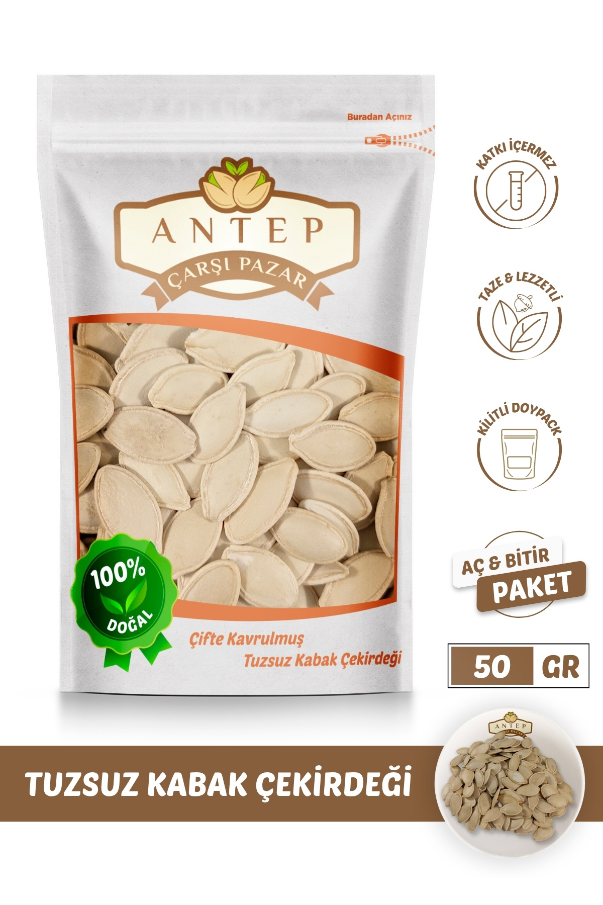 Antep Çarşı Pazar Çifte Kavrulmuş Tuzsuz Kabak Çekirdeği | 50 Gr.