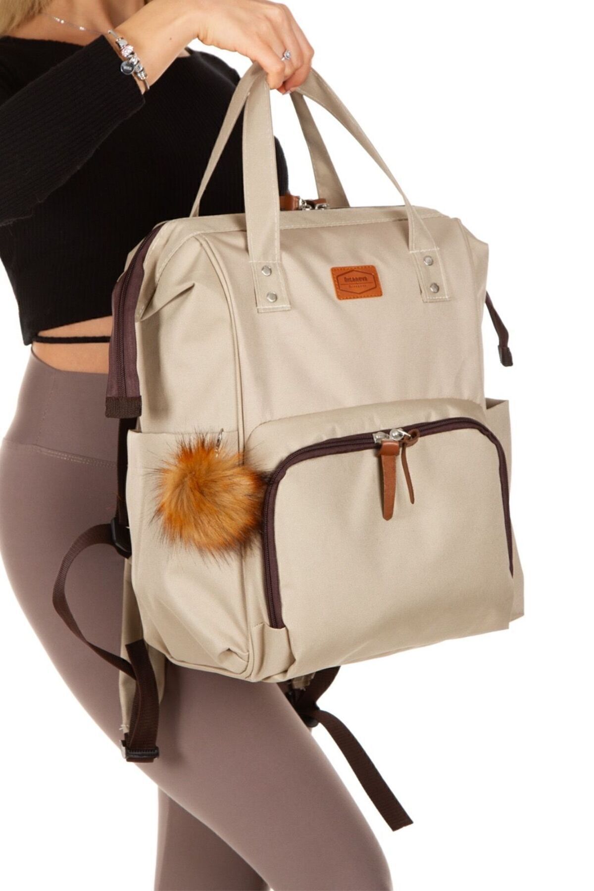 Halk Sepeti Anne Bebek Bakım Sırt-Omuz Çantası Ponponlu Su Geçirmez Termal Biberon Bölmeli Puset Askı Hediyeli fotoğrafı 4 (önizleme)