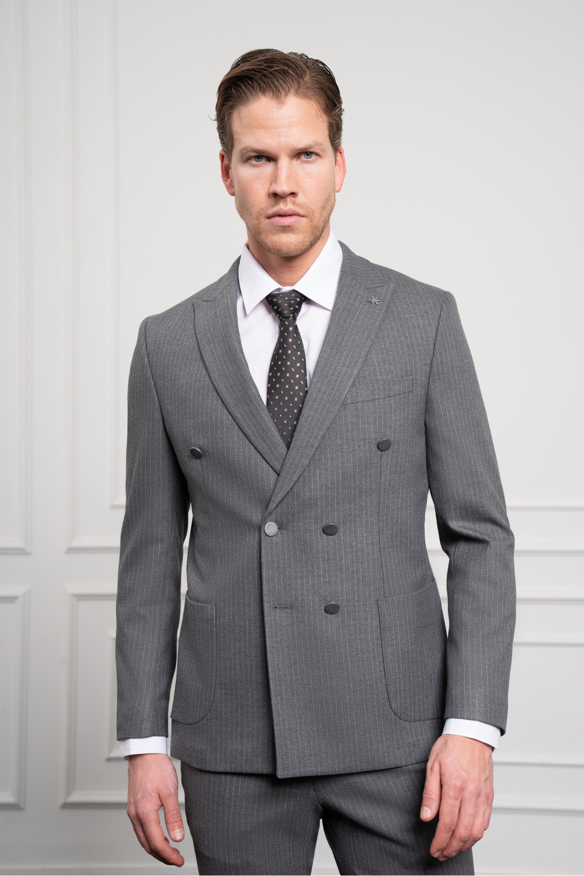 Morven-Men's Smoked Trend Double Breasted Slim Fit Slim Fit Pointed Collar Suit 5