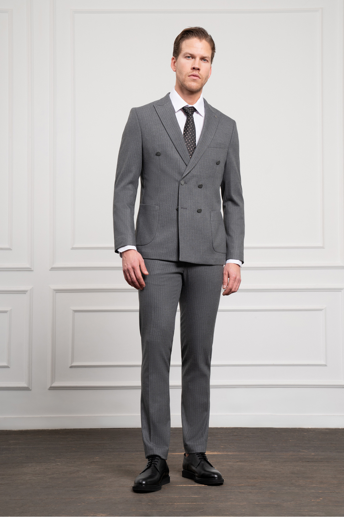 Morven-Men's Smoked Trend Double Breasted Slim Fit Slim Fit Pointed Collar Suit 3